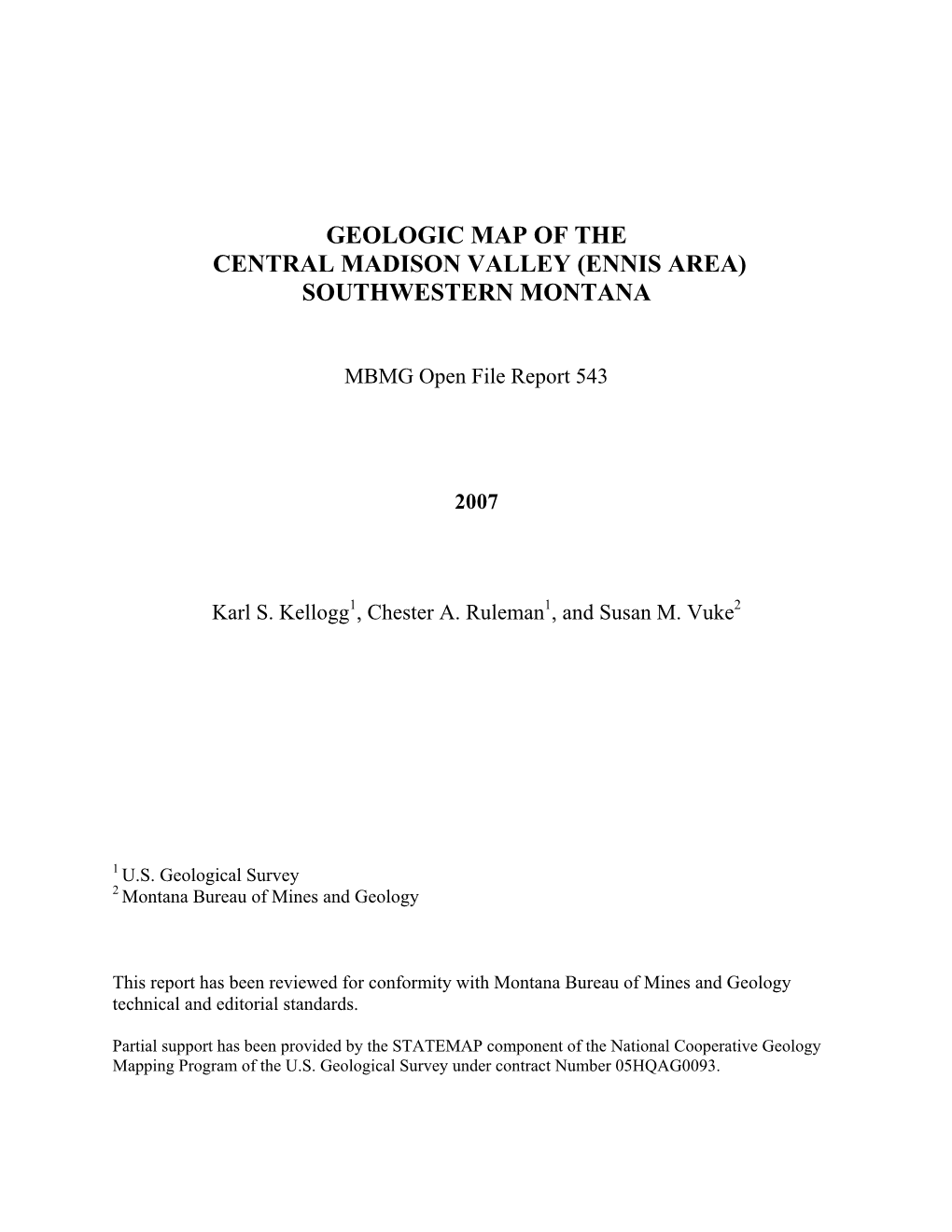 Geologic Map of the Central Madison Valley (Ennis Area) Southwestern Montana