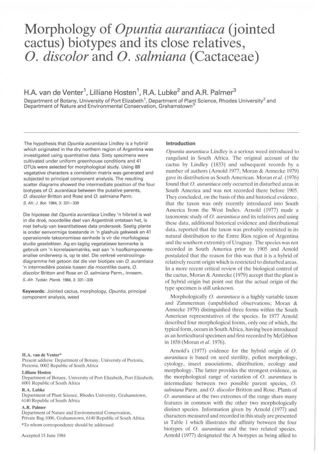 Morphology of Opuntia Aurantiaca (Jointed Cactus) Biotypes and Its Close Relatives, 0