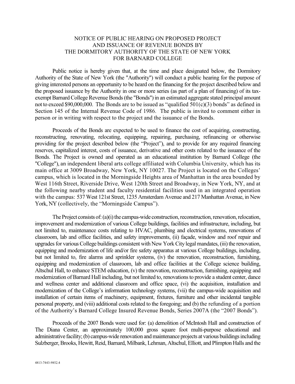 Notice of Public Hearing on Proposed Project and Issuance of Revenue Bonds by the Dormitory Authority of the State of New York for Barnard College