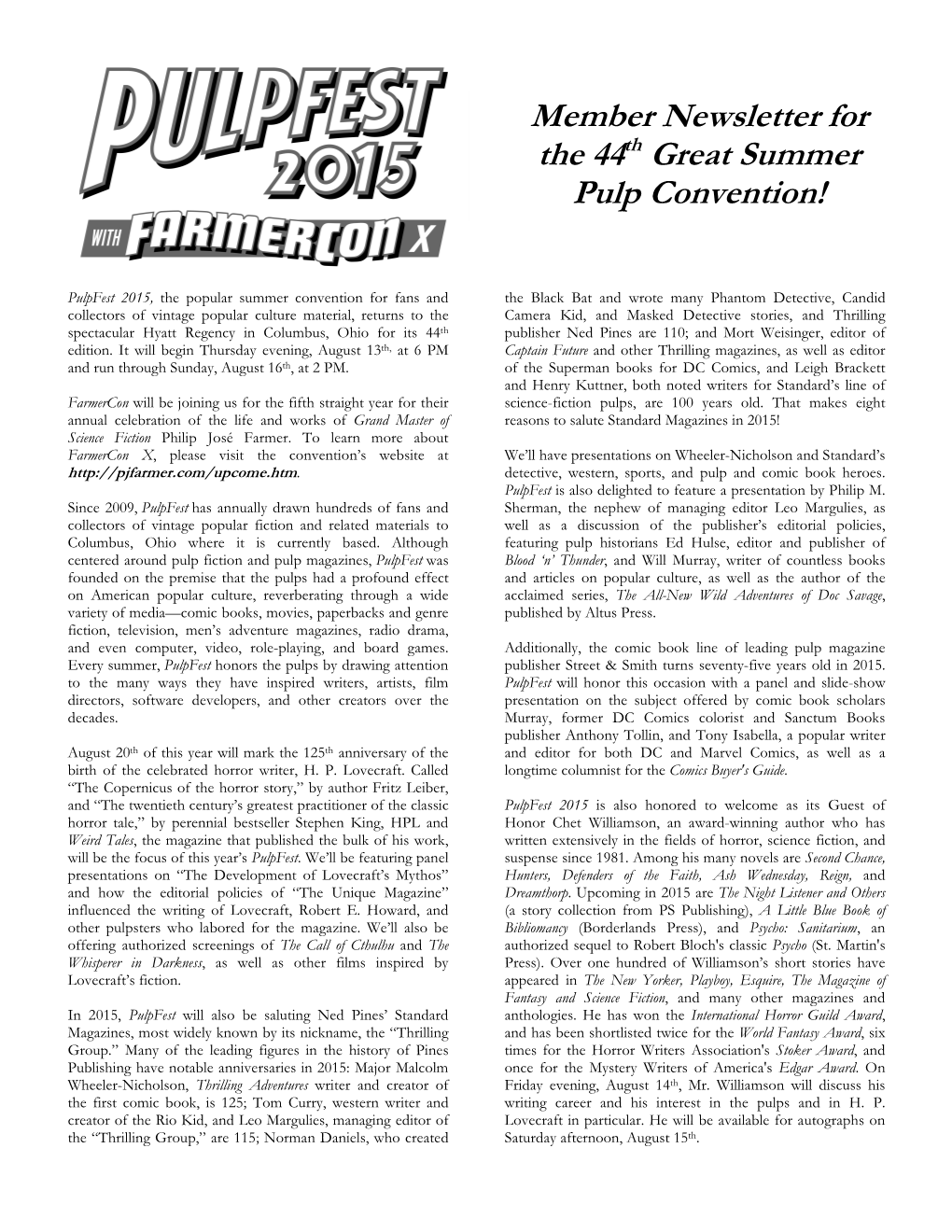 Member Newsletter for the 44Th Great Summer Pulp