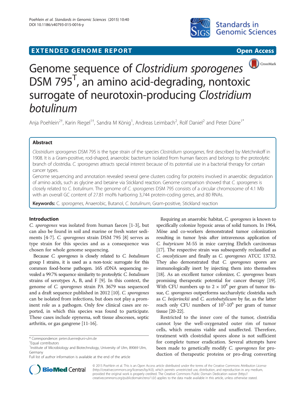 Genome Sequence of Clostridium Sporogenes DSM 795T, an Amino