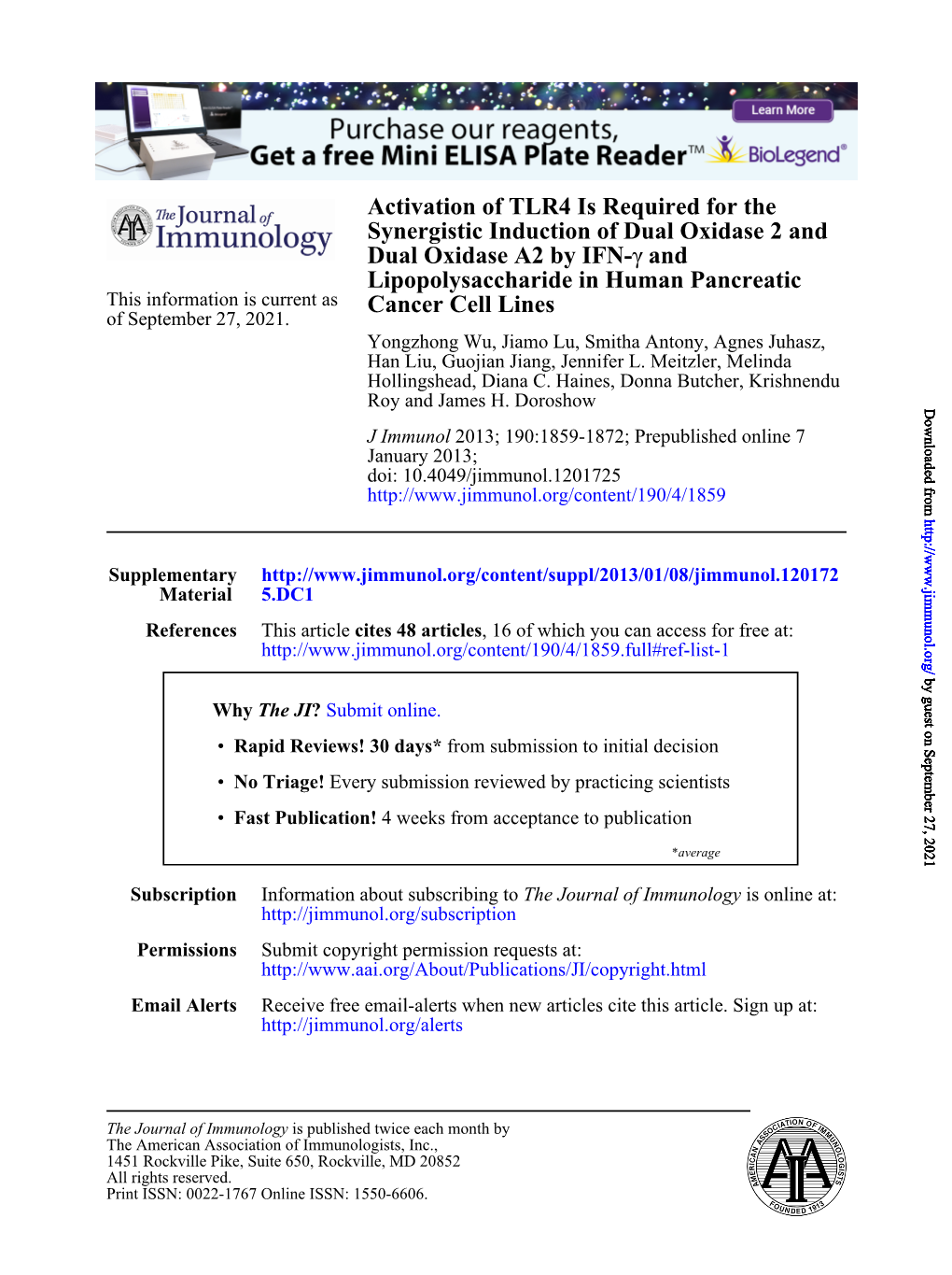 Cancer Cell Lines Lipopolysaccharide in Human Pancreatic and Γ Dual Oxidase A2 By