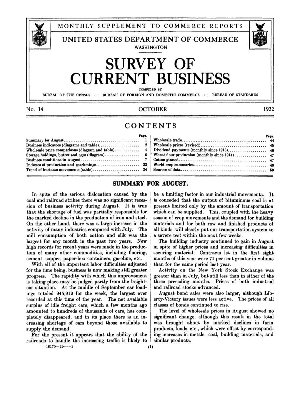 Survey of Current Business October 1922