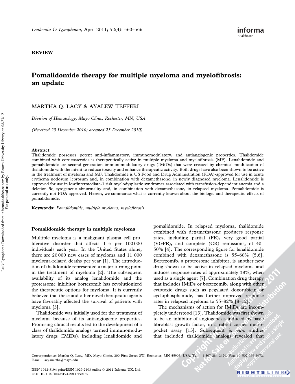 Pomalidomide Therapy for Multiple Myeloma and Myelofibrosis