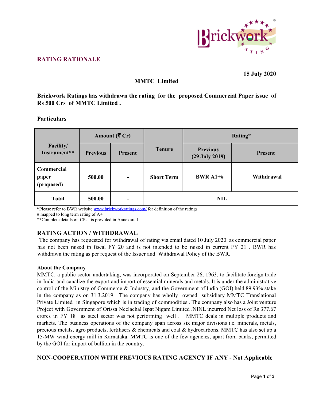 RATING RATIONALE 15 July 2020 MMTC Limited Brickwork Ratings