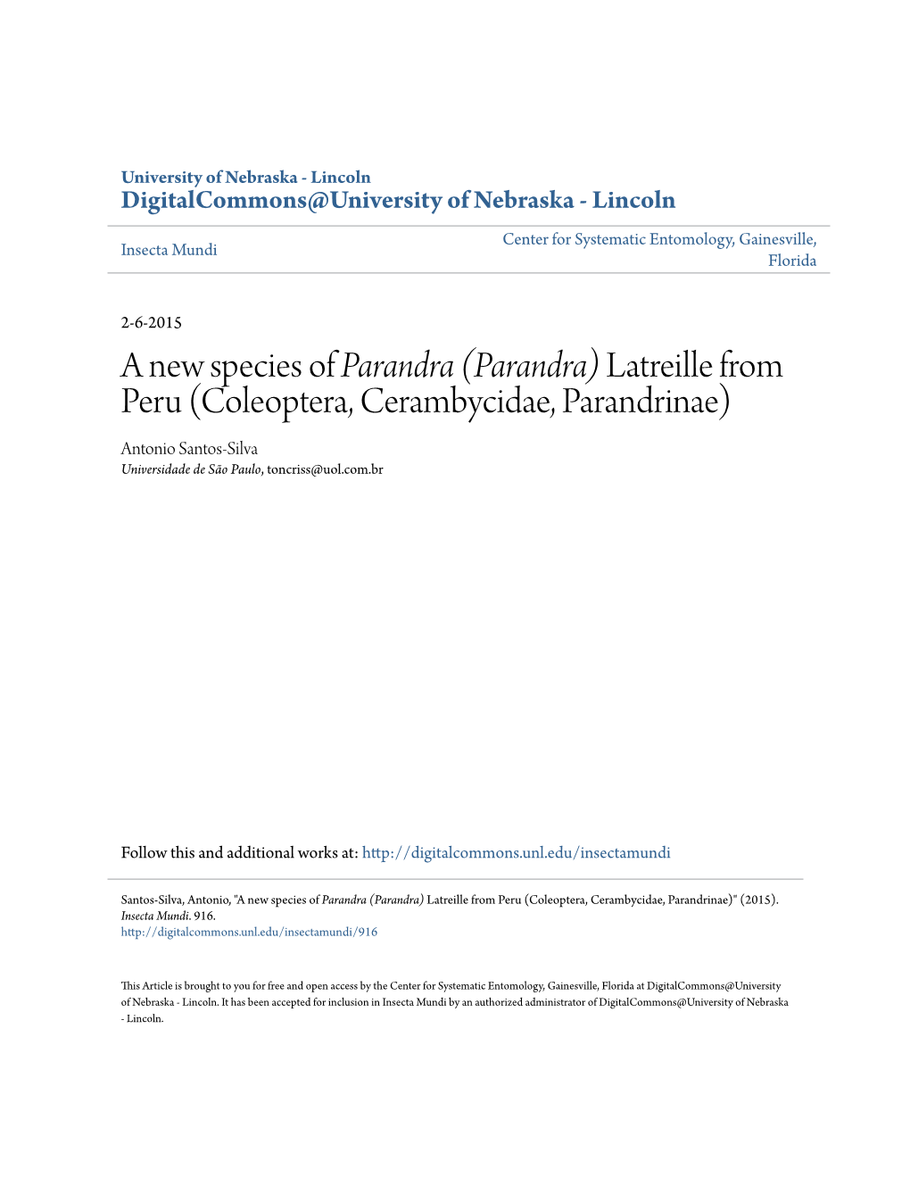 A New Species of &lt;I&gt;Parandra (Parandra)&lt;/I&gt; Latreille from Peru