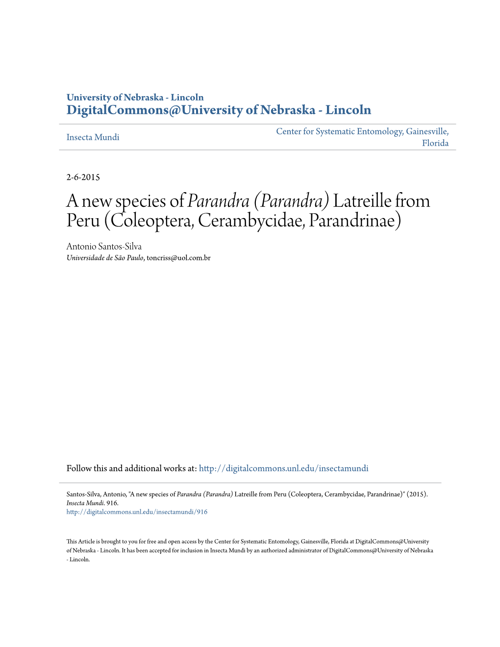 A New Species of <I>Parandra (Parandra)</I> Latreille from Peru