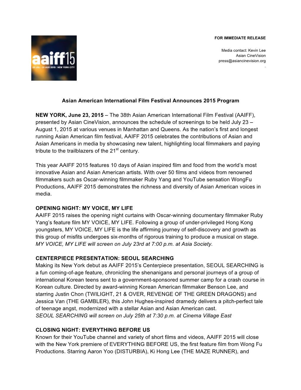 Asian American International Film Festival Announces 2015 Program