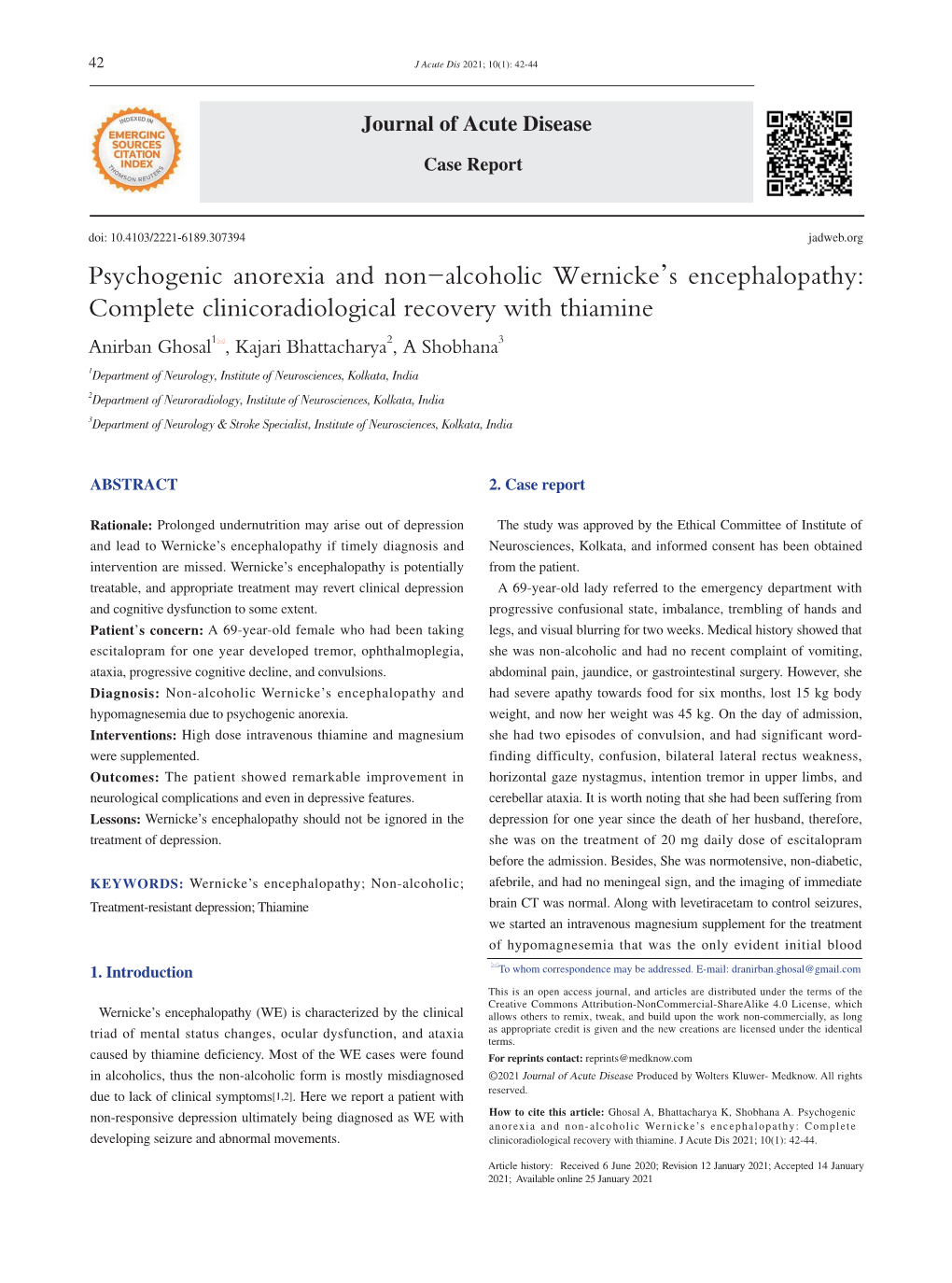 Psychogenic Anorexia and Non-Alcoholic Wernicke's