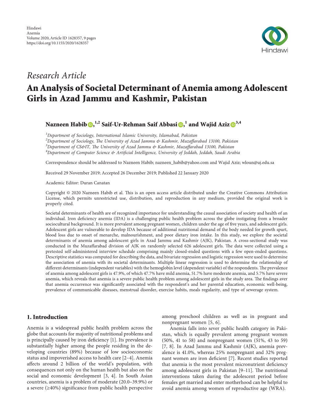 An Analysis of Societal Determinant of Anemia Among Adolescent Girls in Azad Jammu and Kashmir, Pakistan