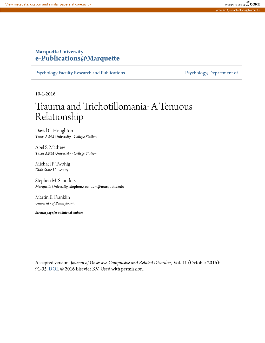 Trauma and Trichotillomania: a Tenuous Relationship David C