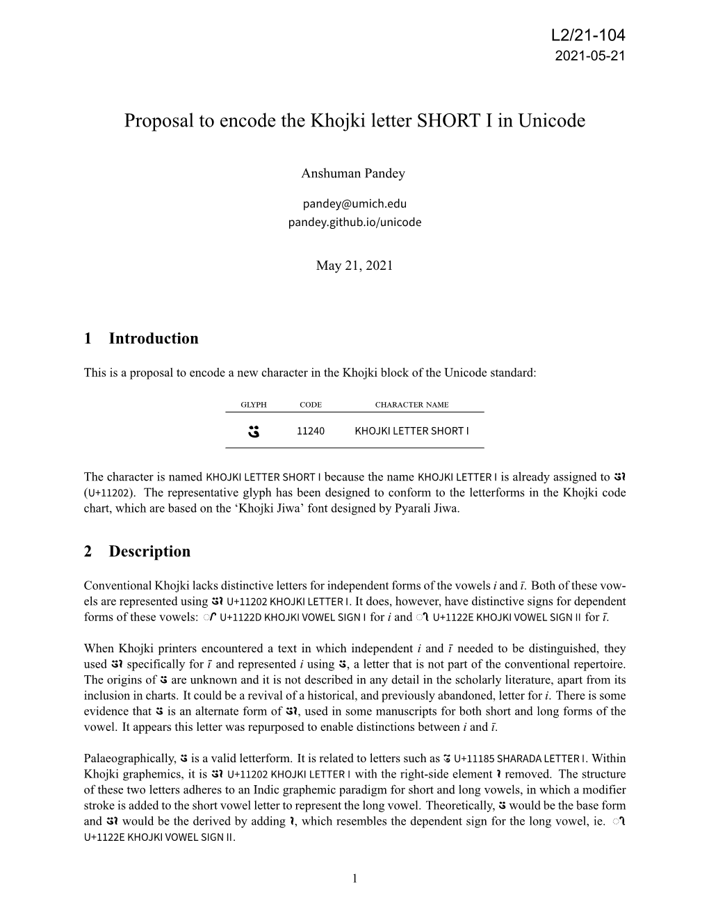 Proposal to Encode the Khojki Letter SHORT I in Unicode