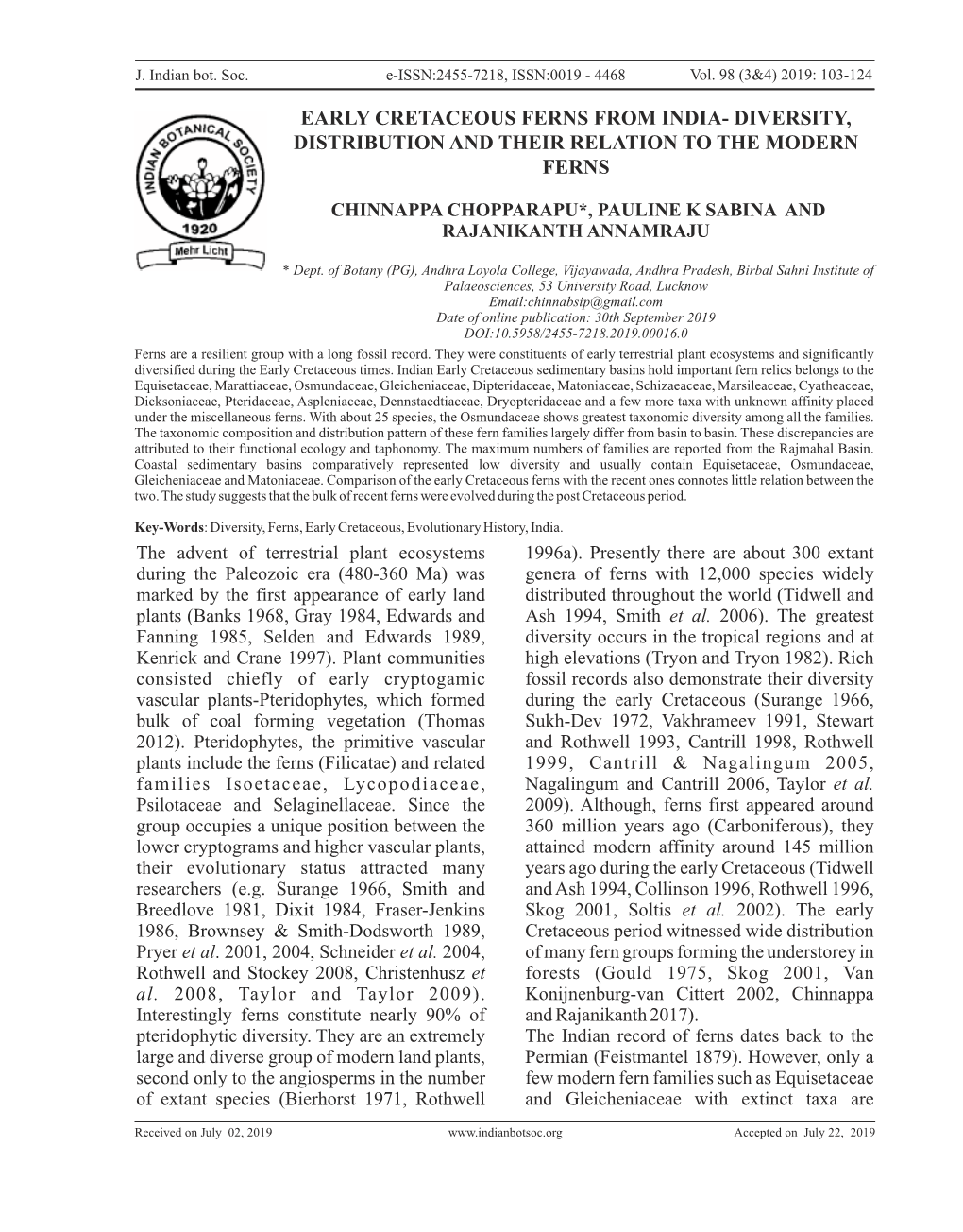 Early Cretaceous Ferns from India- Diversity, Distribution and Their Relation to the Modern Ferns