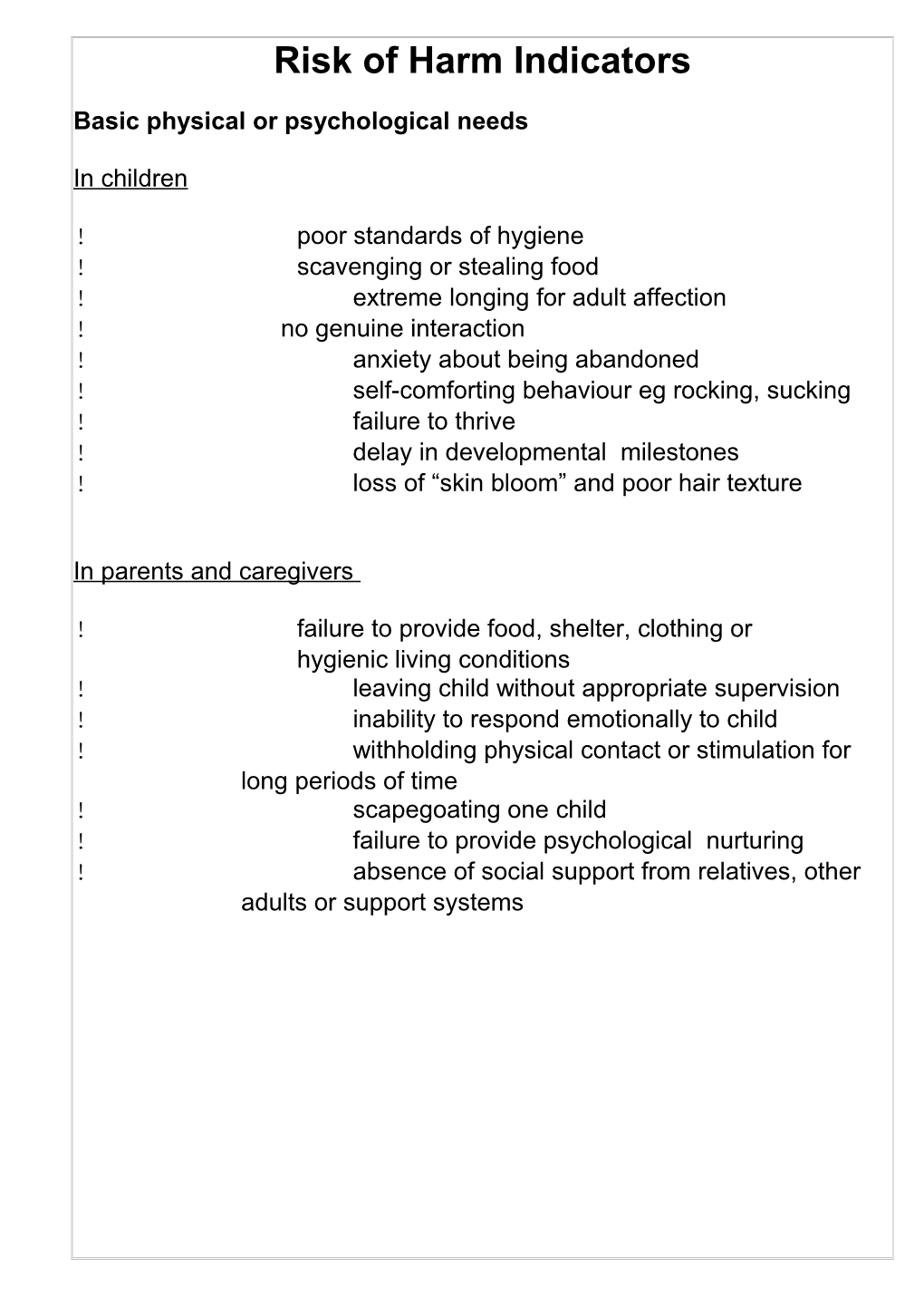 Risk of Harm Indicators