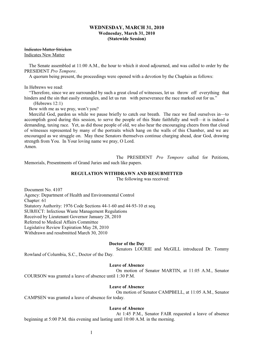 Senate Journal for Mar. 31, 2010 - South Carolina Legislature Online