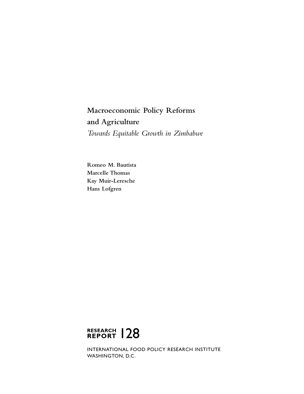 Macroeconomic Policy Reforms and Agriculture Towards Equitable Growth in Zimbabwe