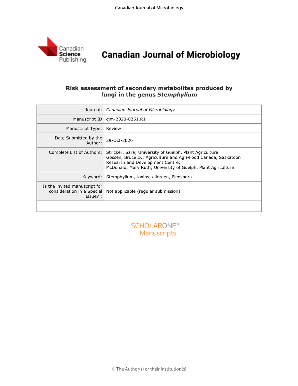 Risk Assessment of Secondary Metabolites Produced by Fungi in the Genus Stemphylium