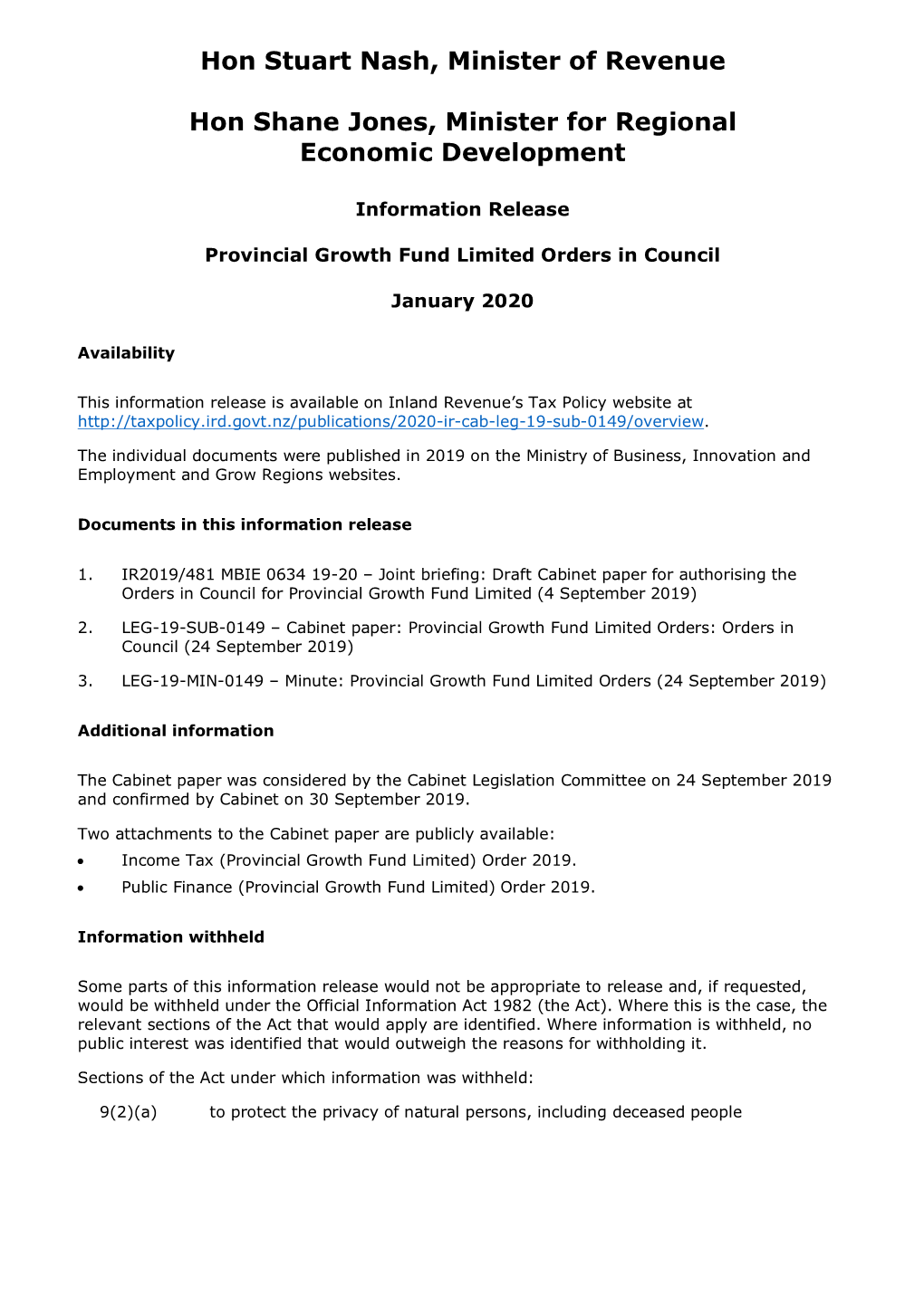 Provincial Growth Fund Limited Orders in Council (January 2020)