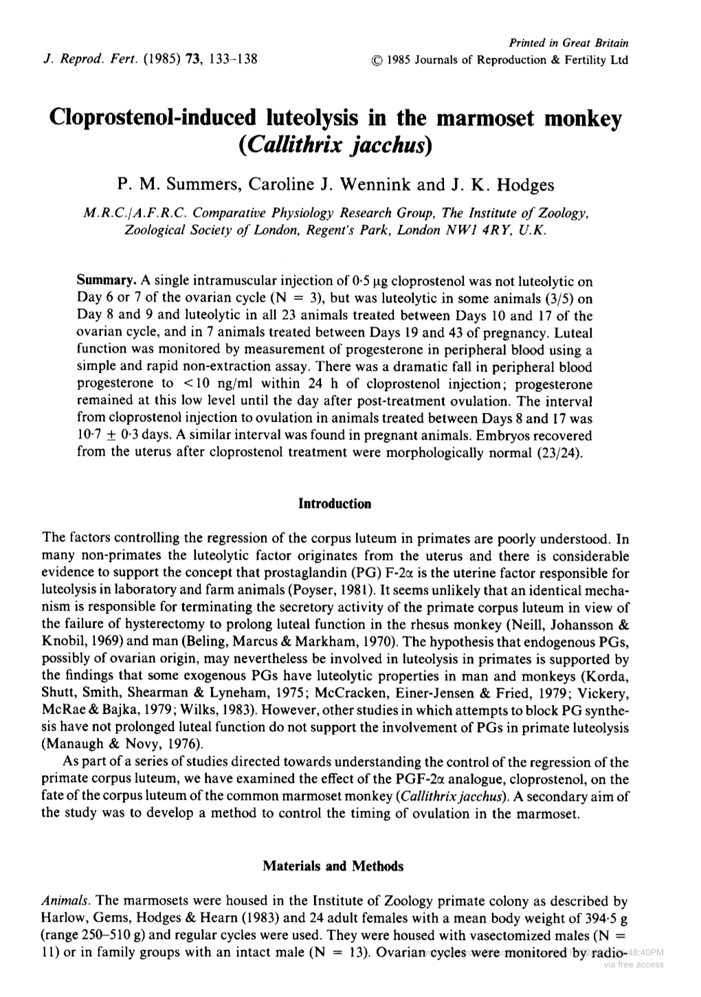 Cloprostenol-Induced Luteolysis in the Marmoset Monkey (Callithrix Jacchus) P