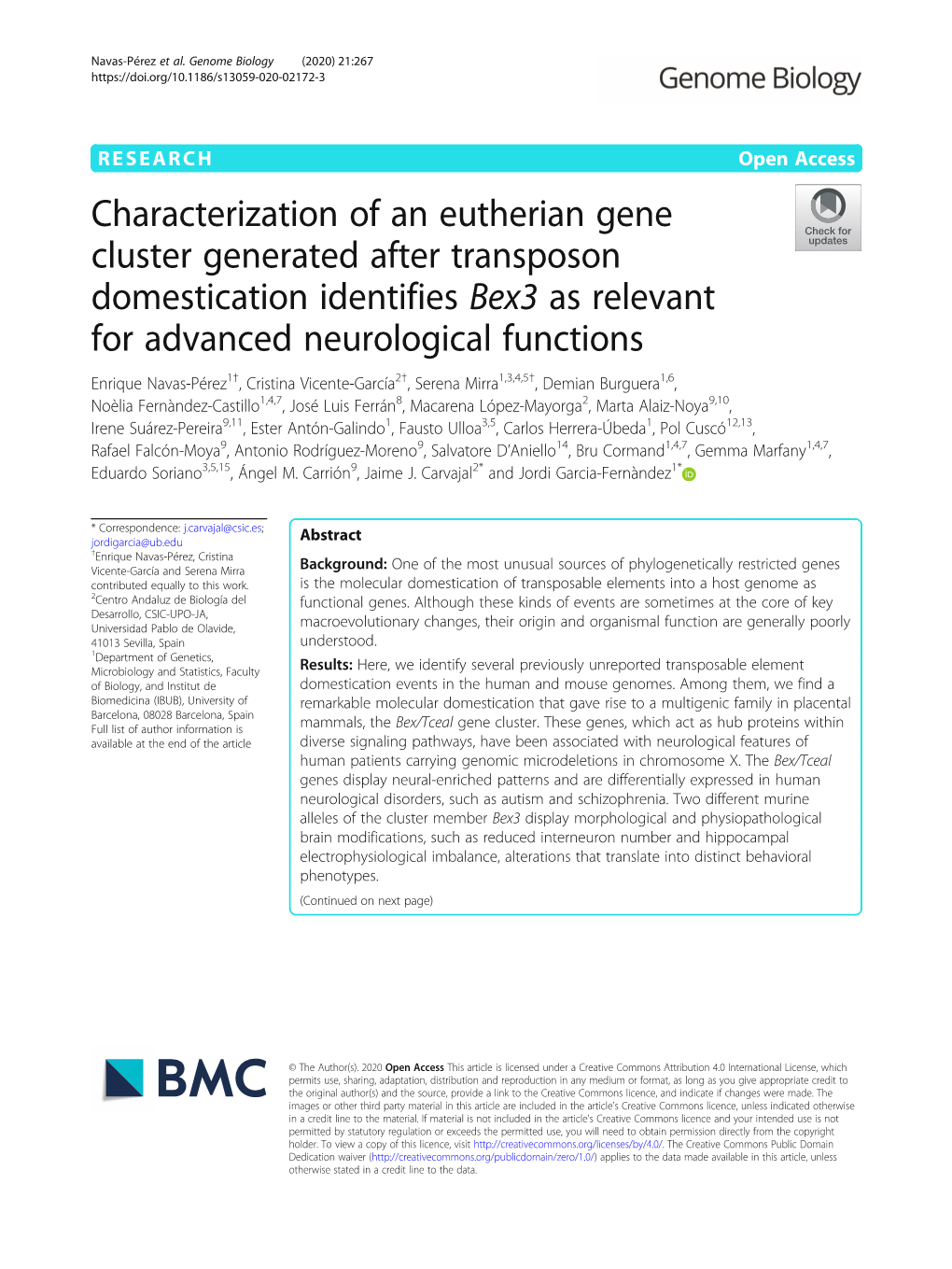 Characterization of an Eutherian Gene Cluster Generated After Transposon Domestication Identifies Bex3 As Relevant for Advanced