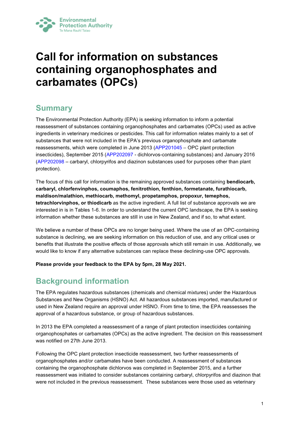 Call for Information on Substances Containing Organophosphates and Carbamates (Opcs)