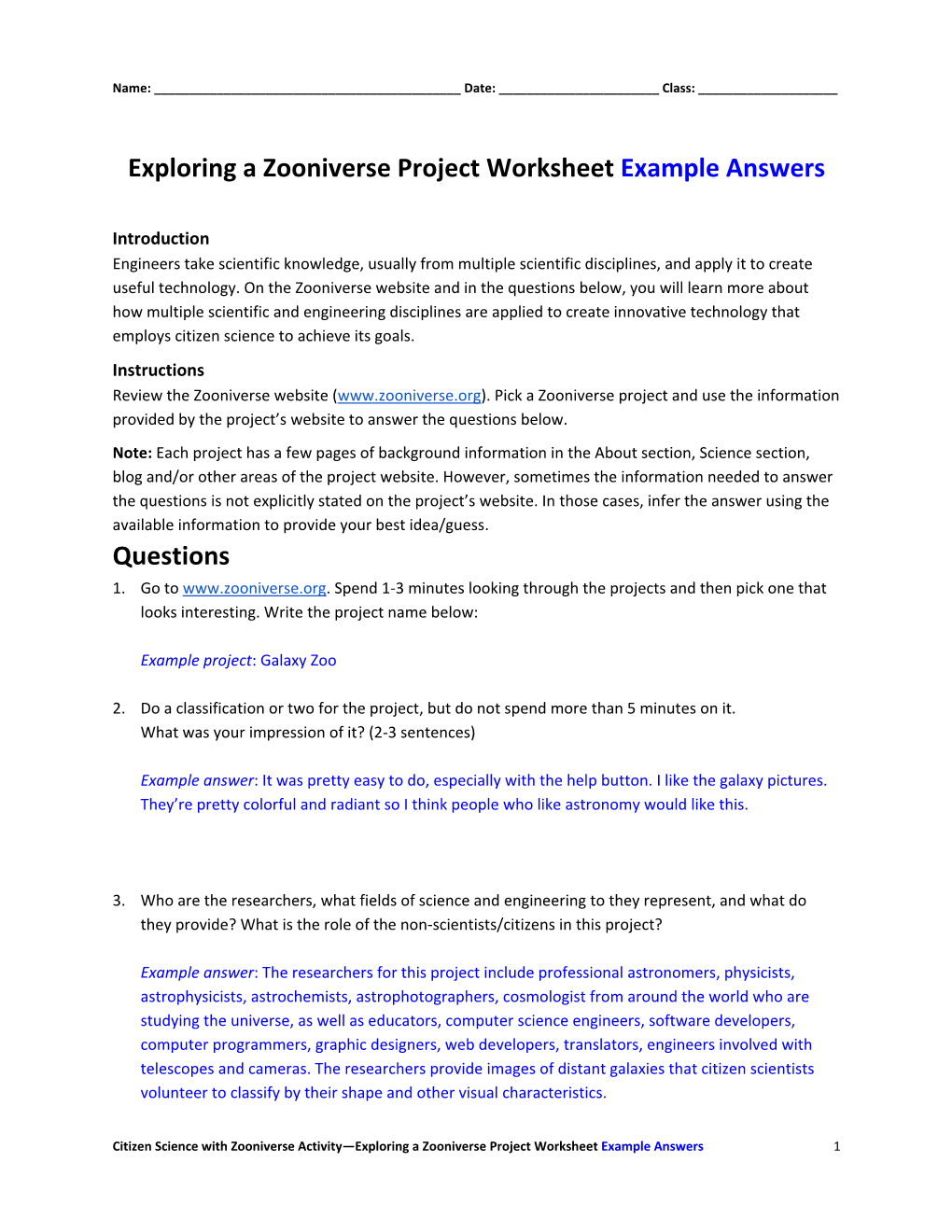 Exploring a Zooniverse Project Worksheet Example Answers