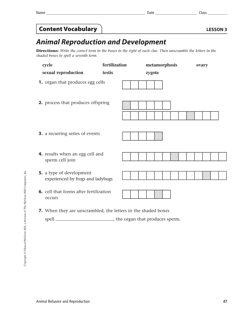 Animal Reproduction and Development Directions: Write the Correct Term in the Boxes to the Right of Each Clue