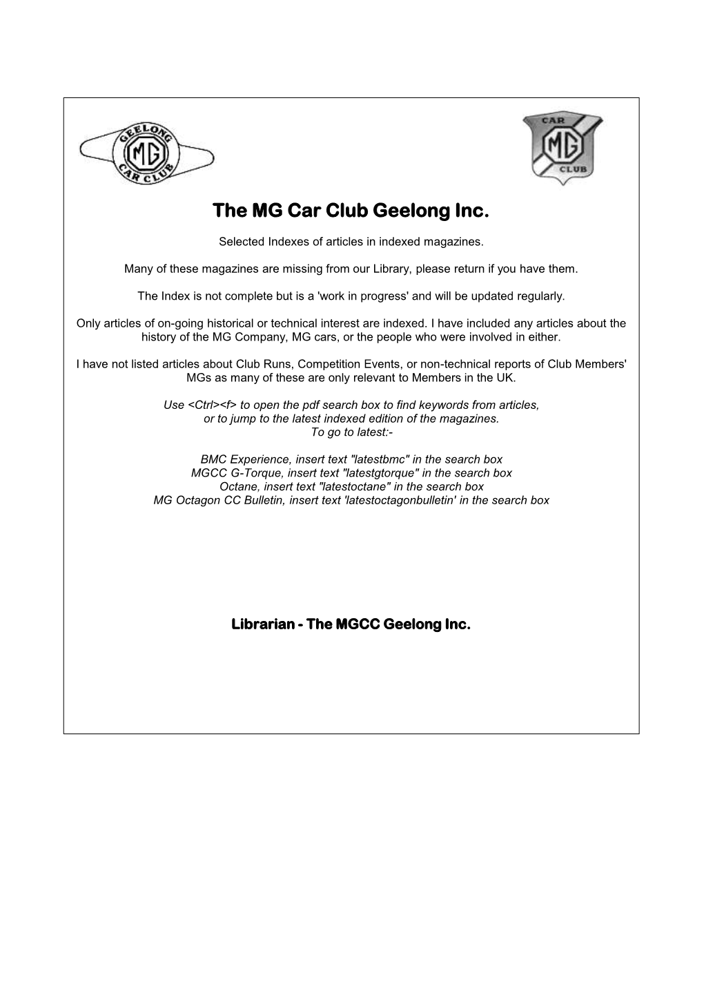 The MG Car Club Geelong Inc