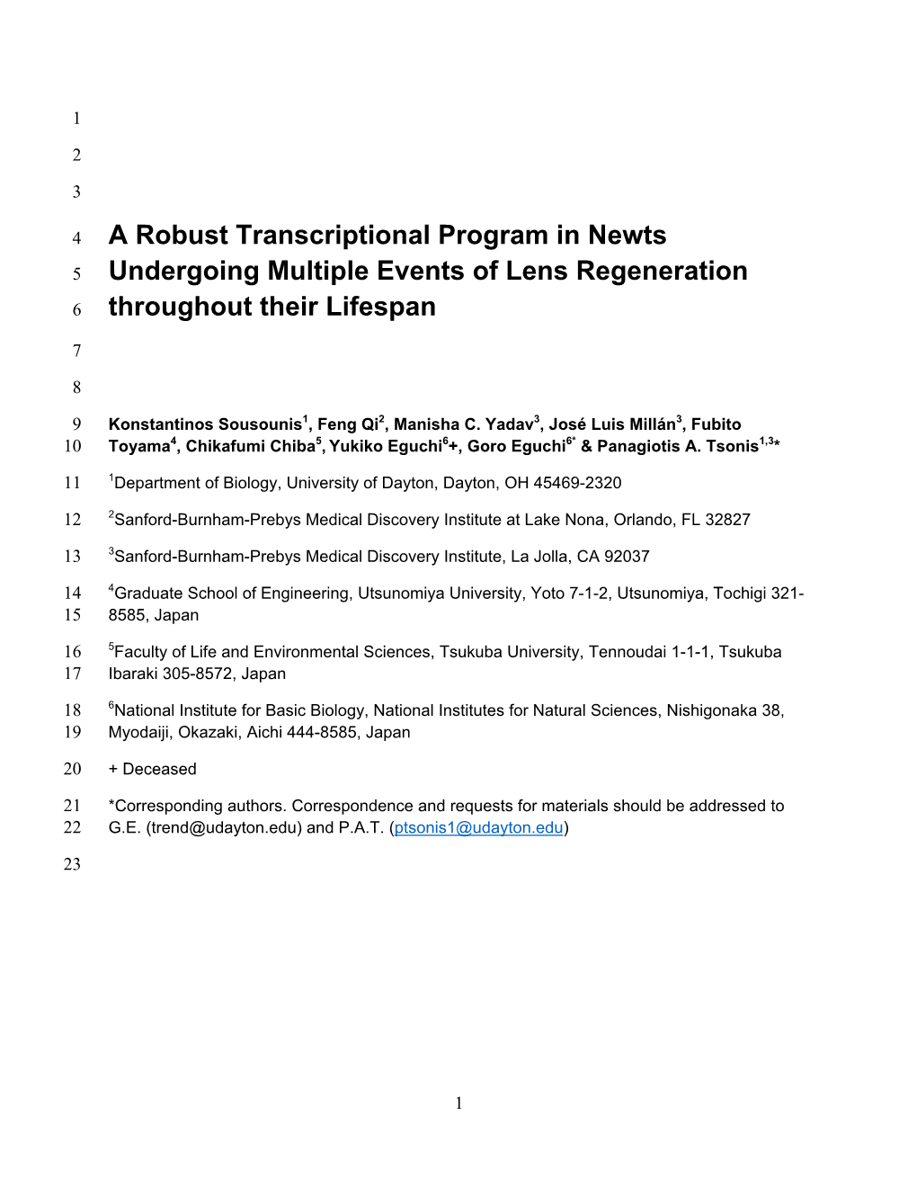 A Robust Transcriptional Program in Newts 5 Undergoing Multiple Events of Lens Regeneration 6 Throughout Their Lifespan