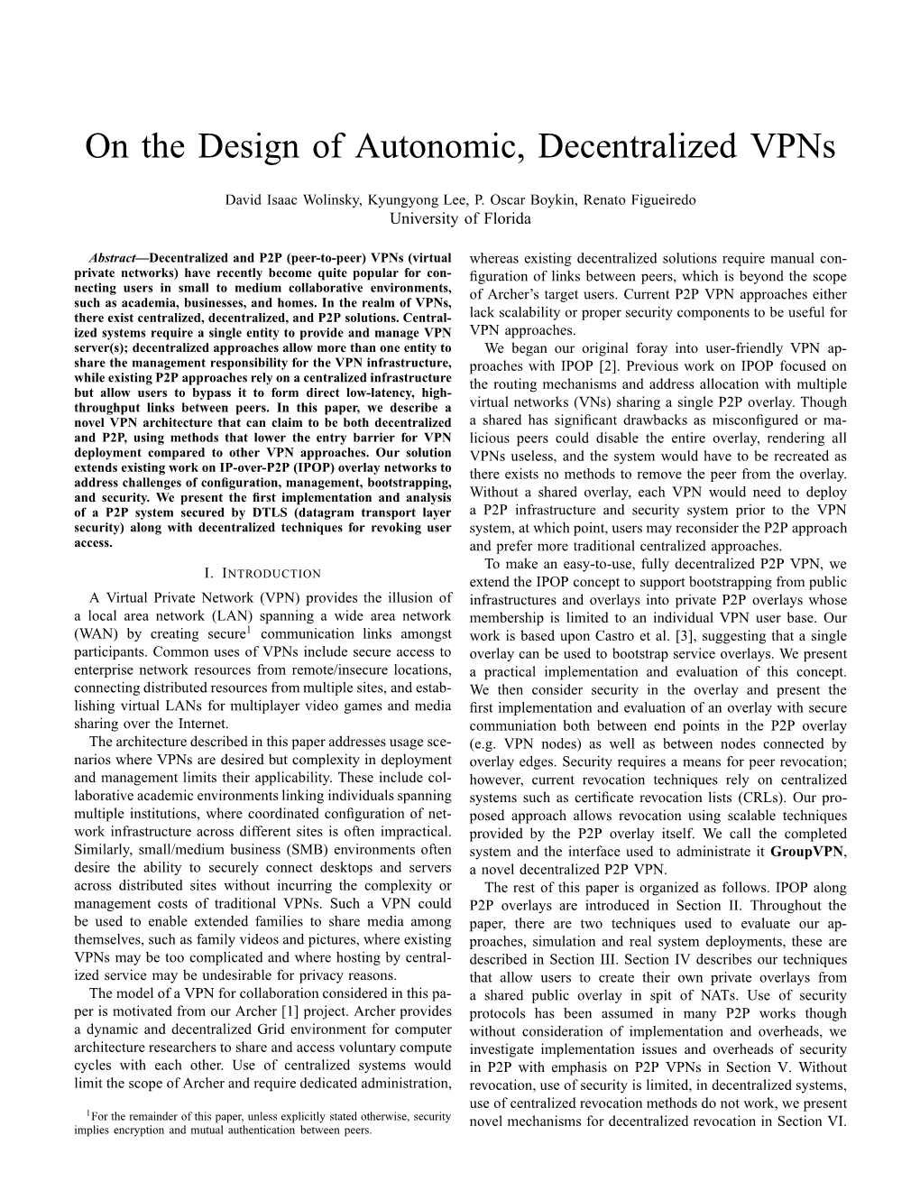 On the Design of Autonomic, Decentralized Vpns