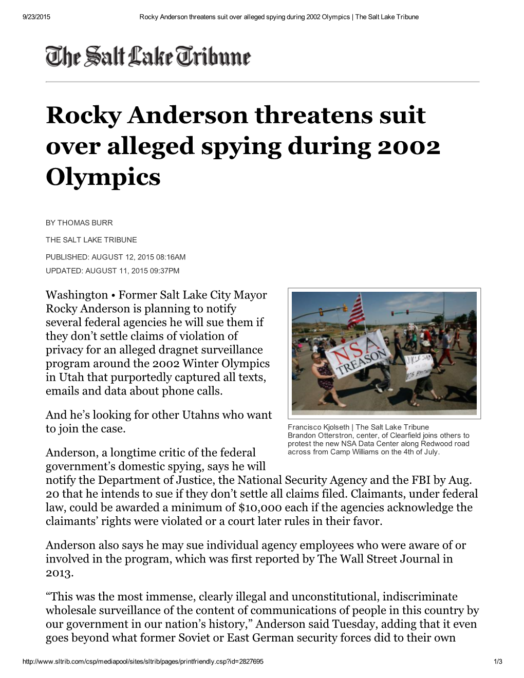 Rocky Anderson Threatens Suit Over Alleged Spying During 2002 Olympics | the Salt Lake Tribune