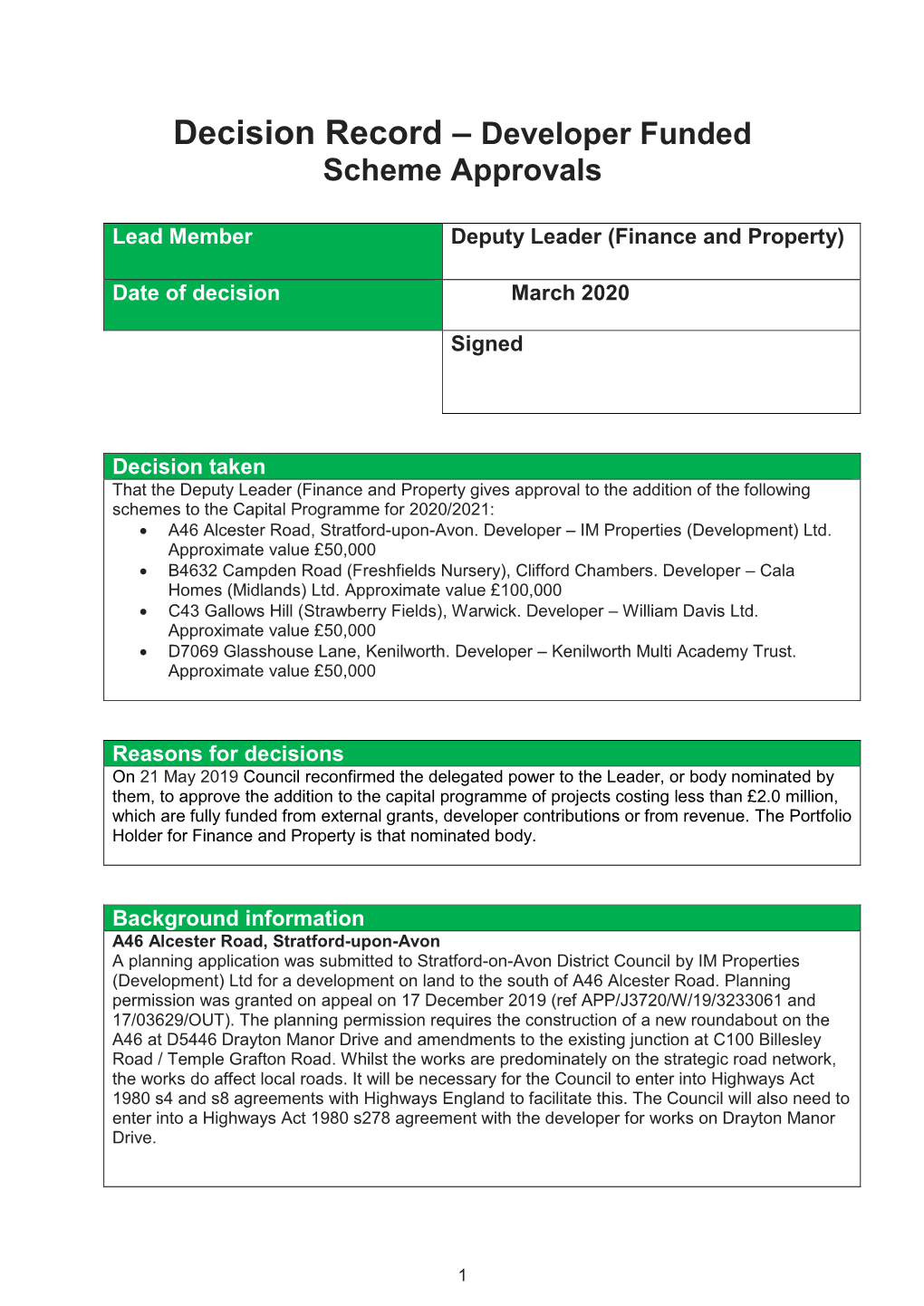 Decision Record – Developer Funded Scheme Approvals