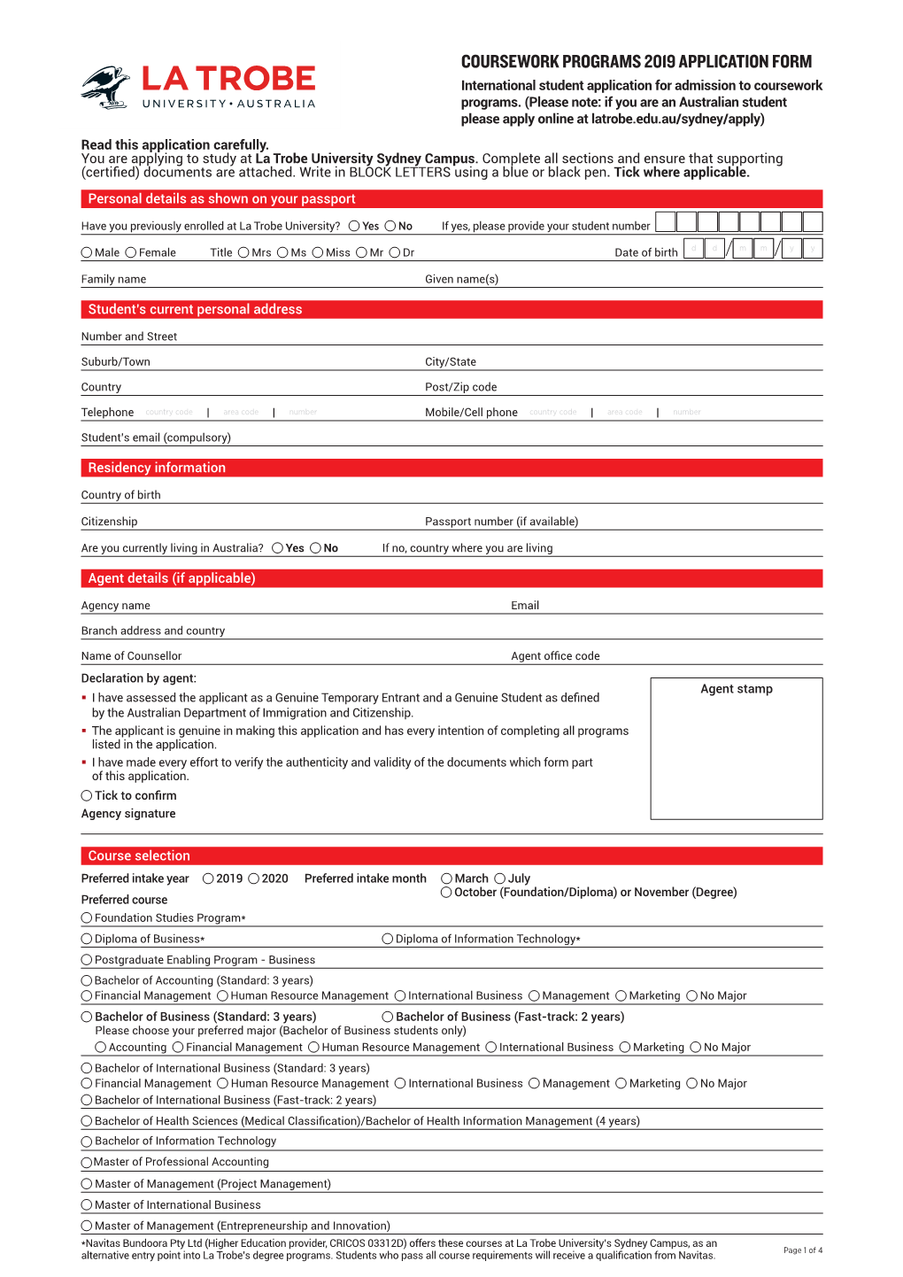 COURSEWORK PROGRAMS 2019 APPLICATION FORM International Student Application for Admission to Coursework Programs