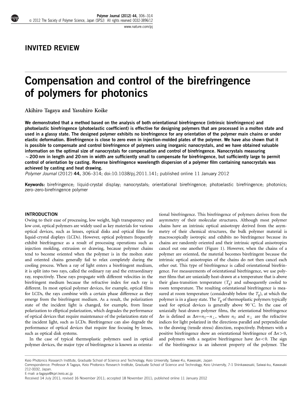 Compensation and Control of the Birefringence of Polymers for Photonics