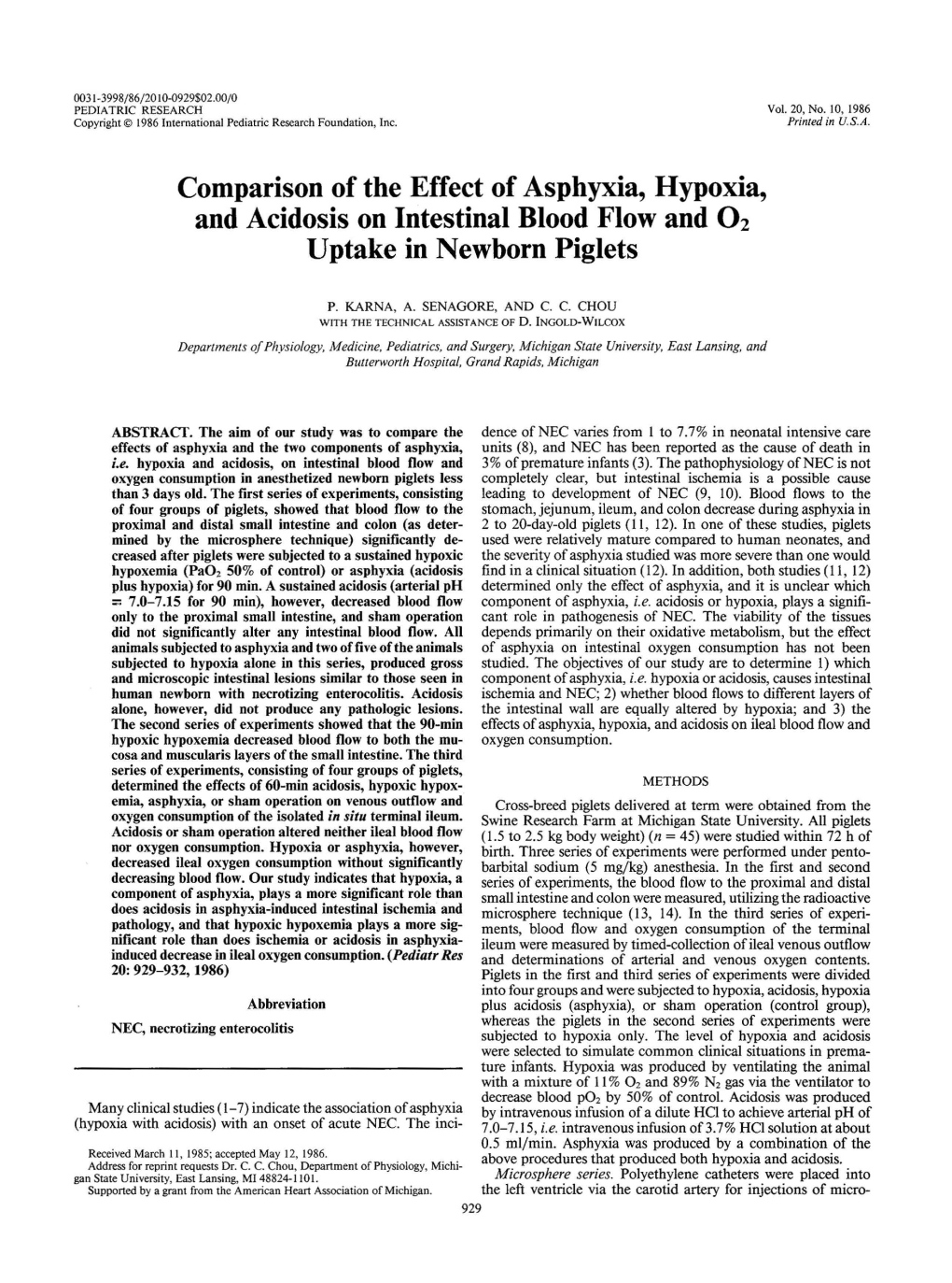 Comparison of the Effect of Asphyxia, Hypoxia, and Acidosis on Intestinal