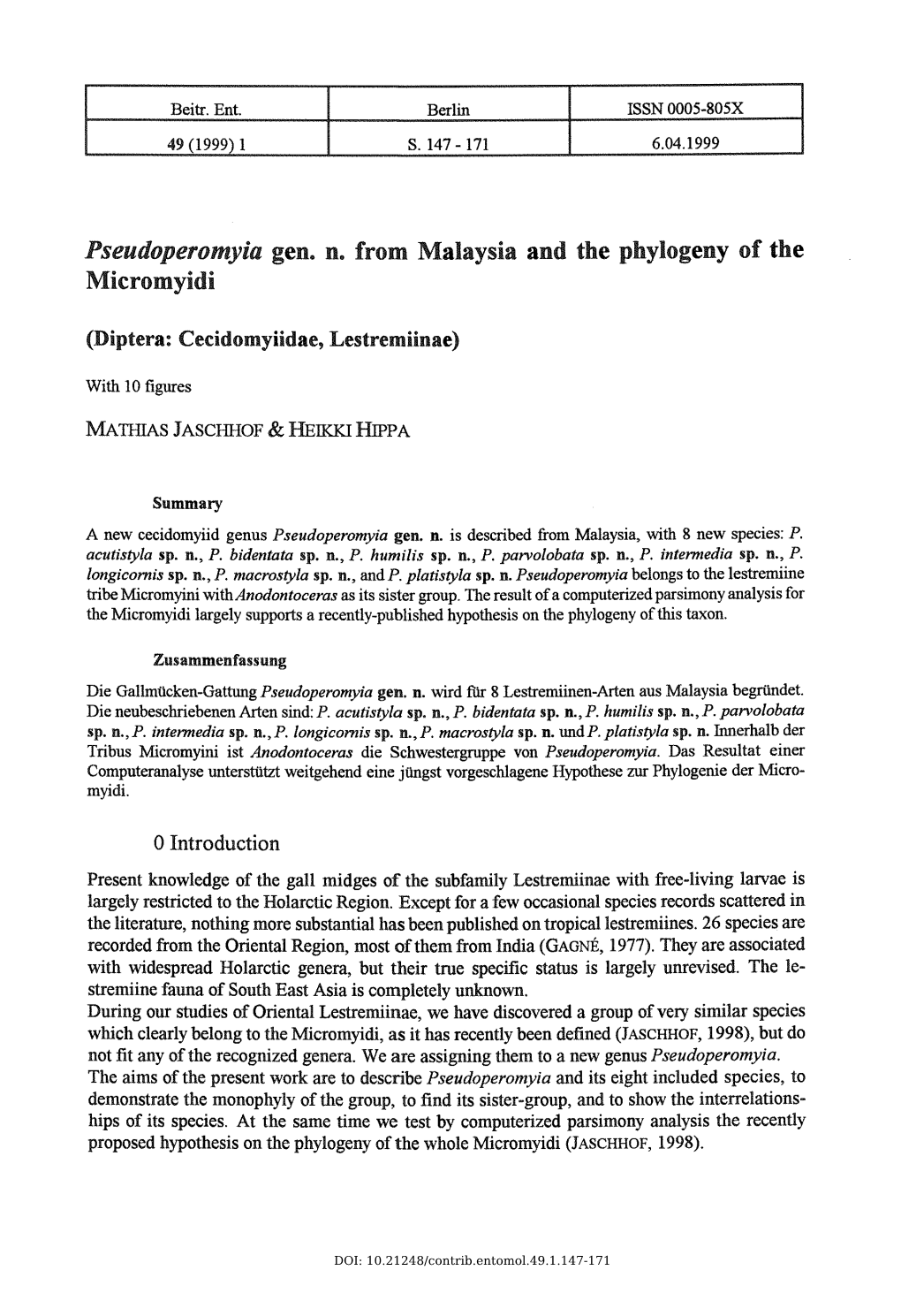 Pseudoperomyia Gen. N. from Malaysia and the Phytogeny of the Micromyidi