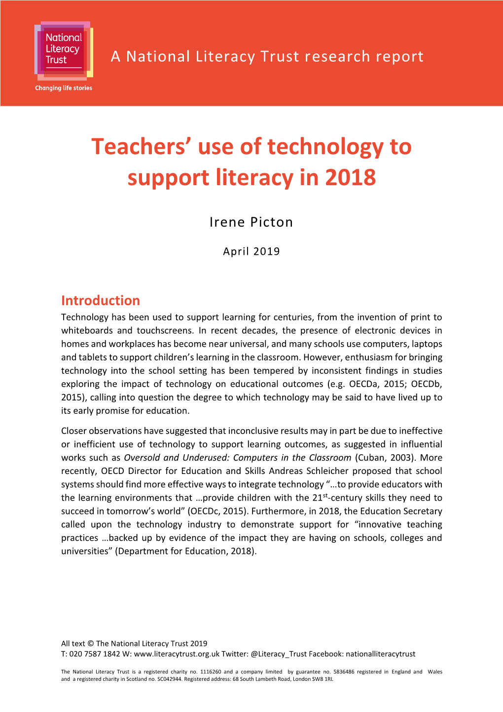 Teachers' Use of Technology to Support Literacy in 2018