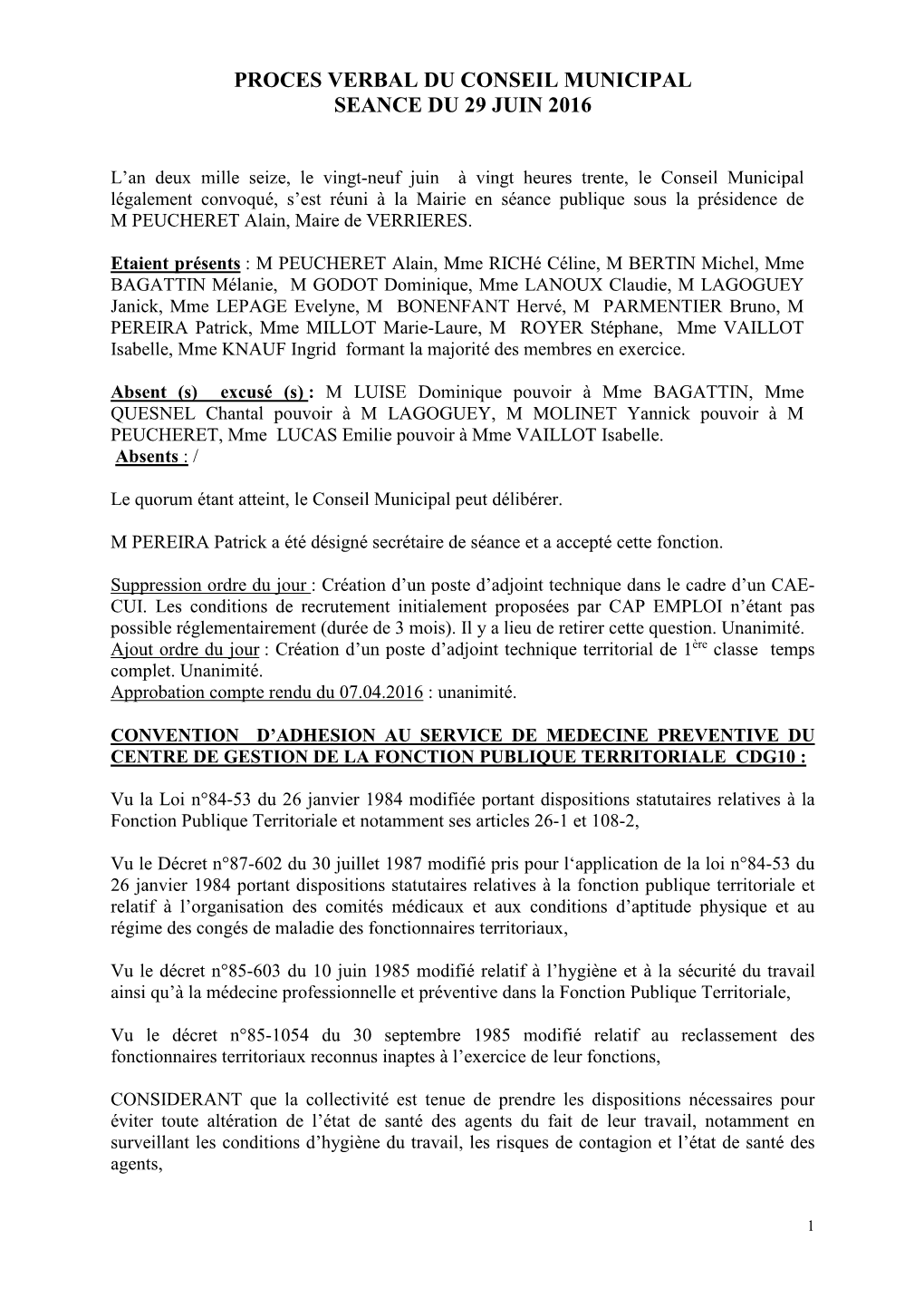 Proces Verbal Du Conseil Municipal Seance Du 29 Juin 2016