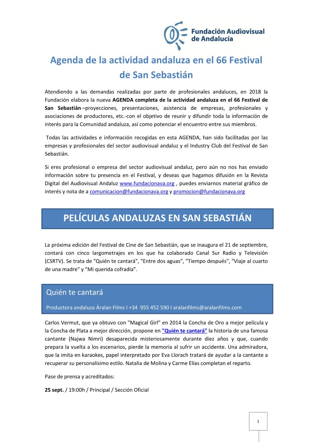 Agenda De La Actividad Andaluza En El 66 Festival De San Sebastián PELÍCULAS ANDALUZAS EN SAN SEBASTIÁN