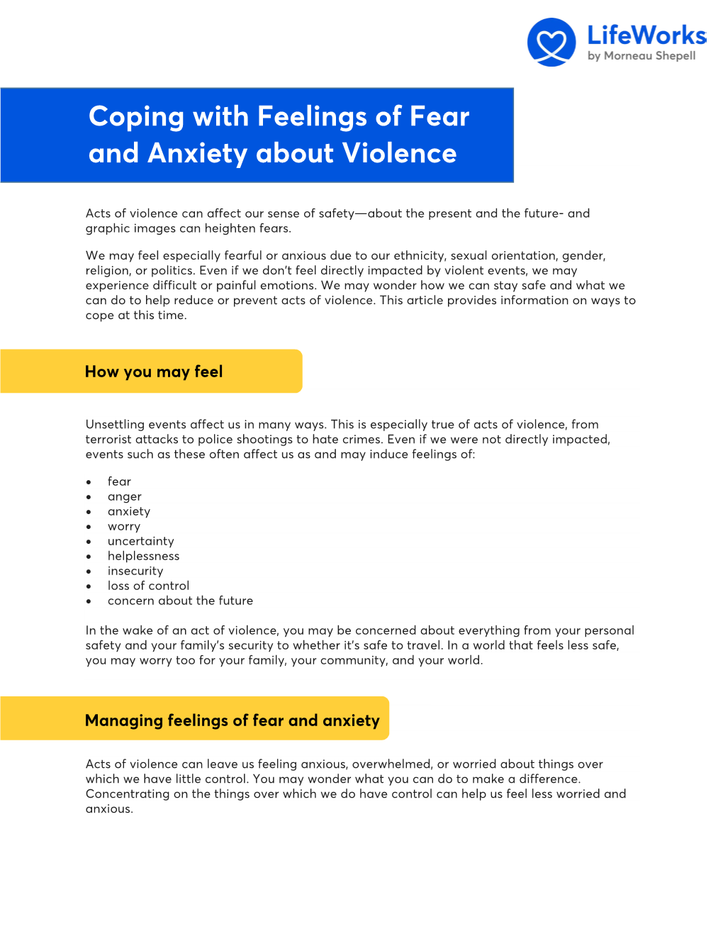 Coping with Feelings of Fear and Anxiety About Violence