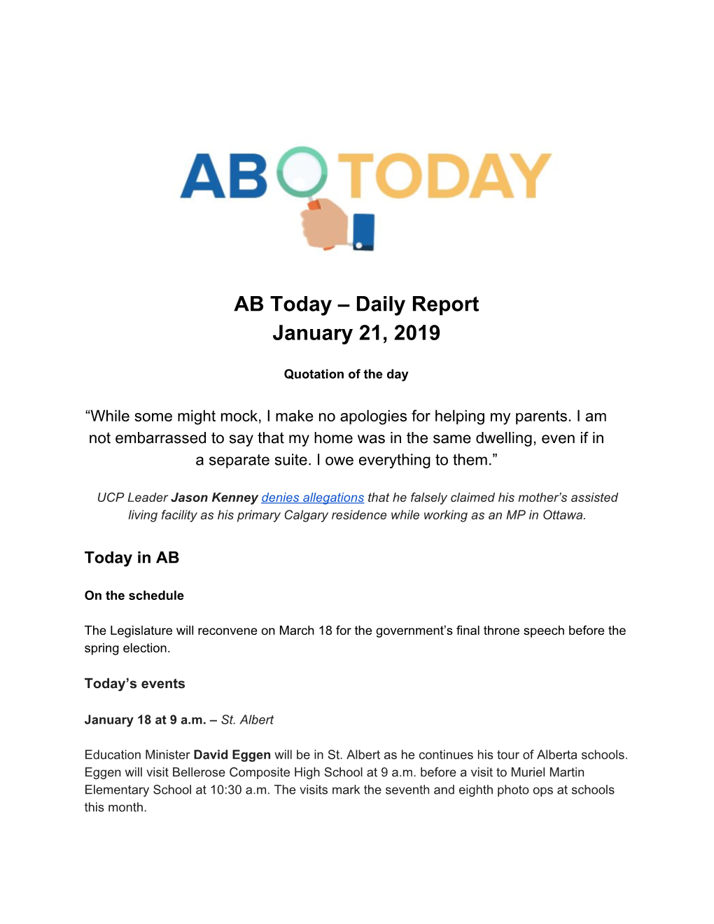 AB Today – Daily Report January 21, 2019