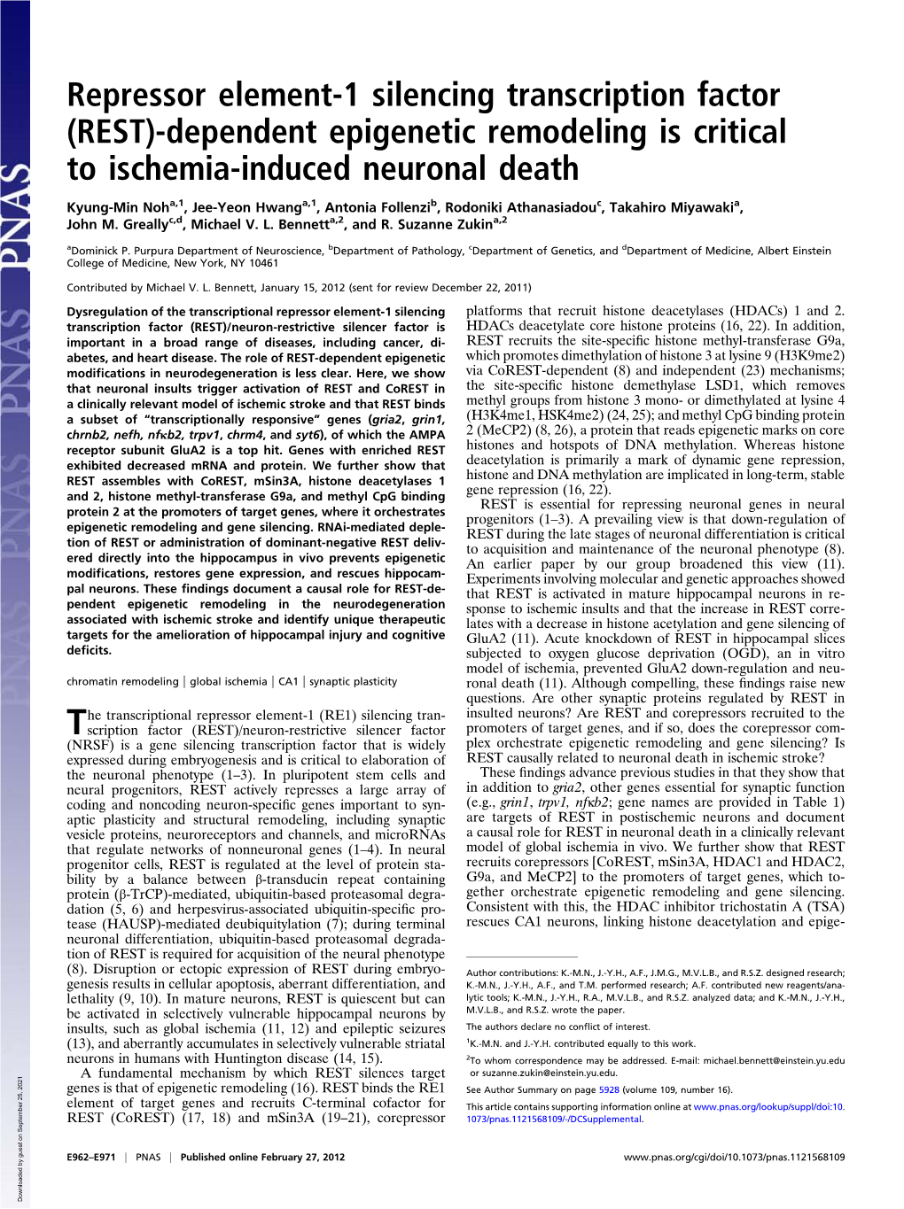 REST)-Dependent Epigenetic Remodeling Is Critical to Ischemia-Induced Neuronal Death