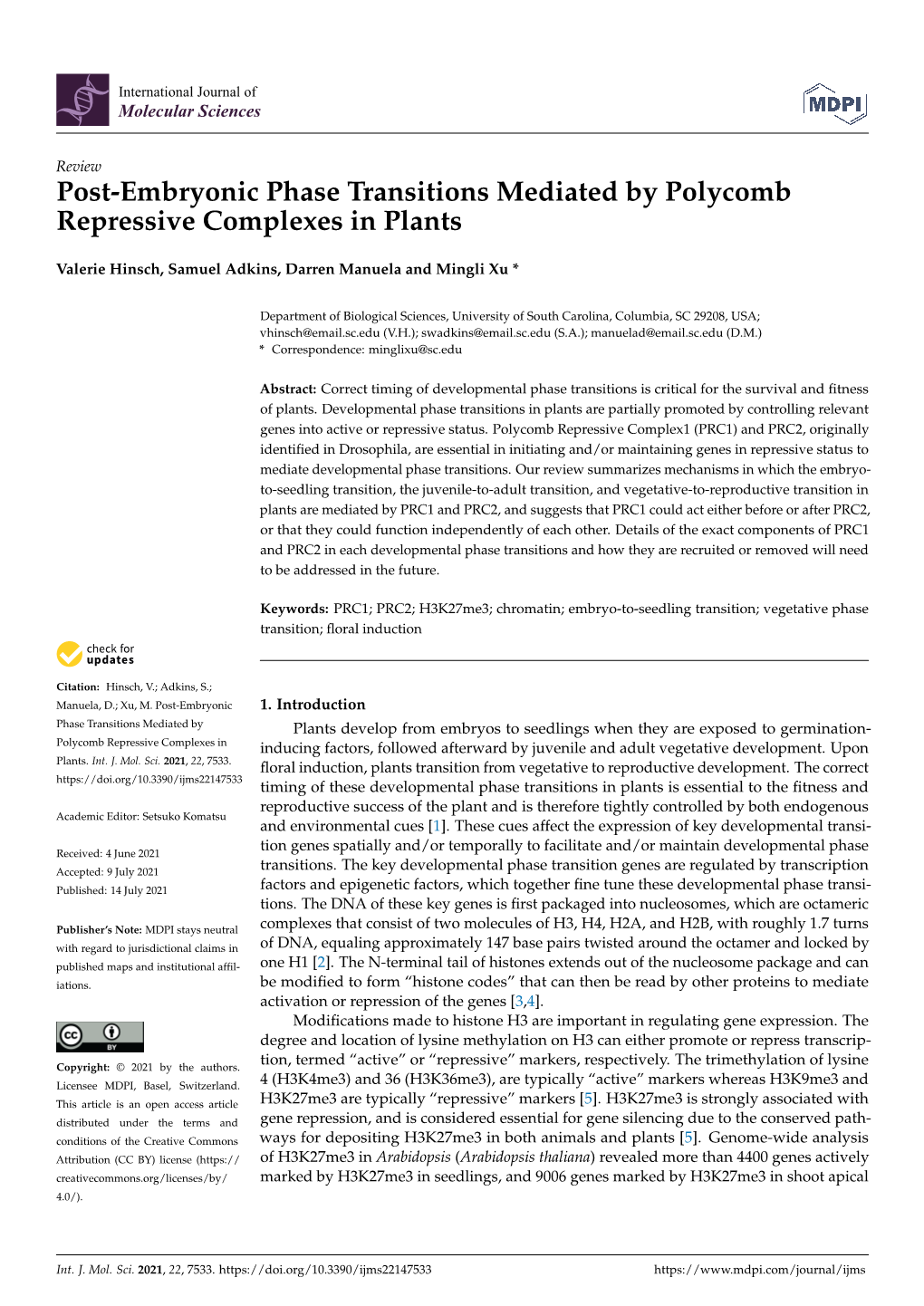 Post-Embryonic Phase Transitions Mediated by Polycomb Repressive Complexes in Plants