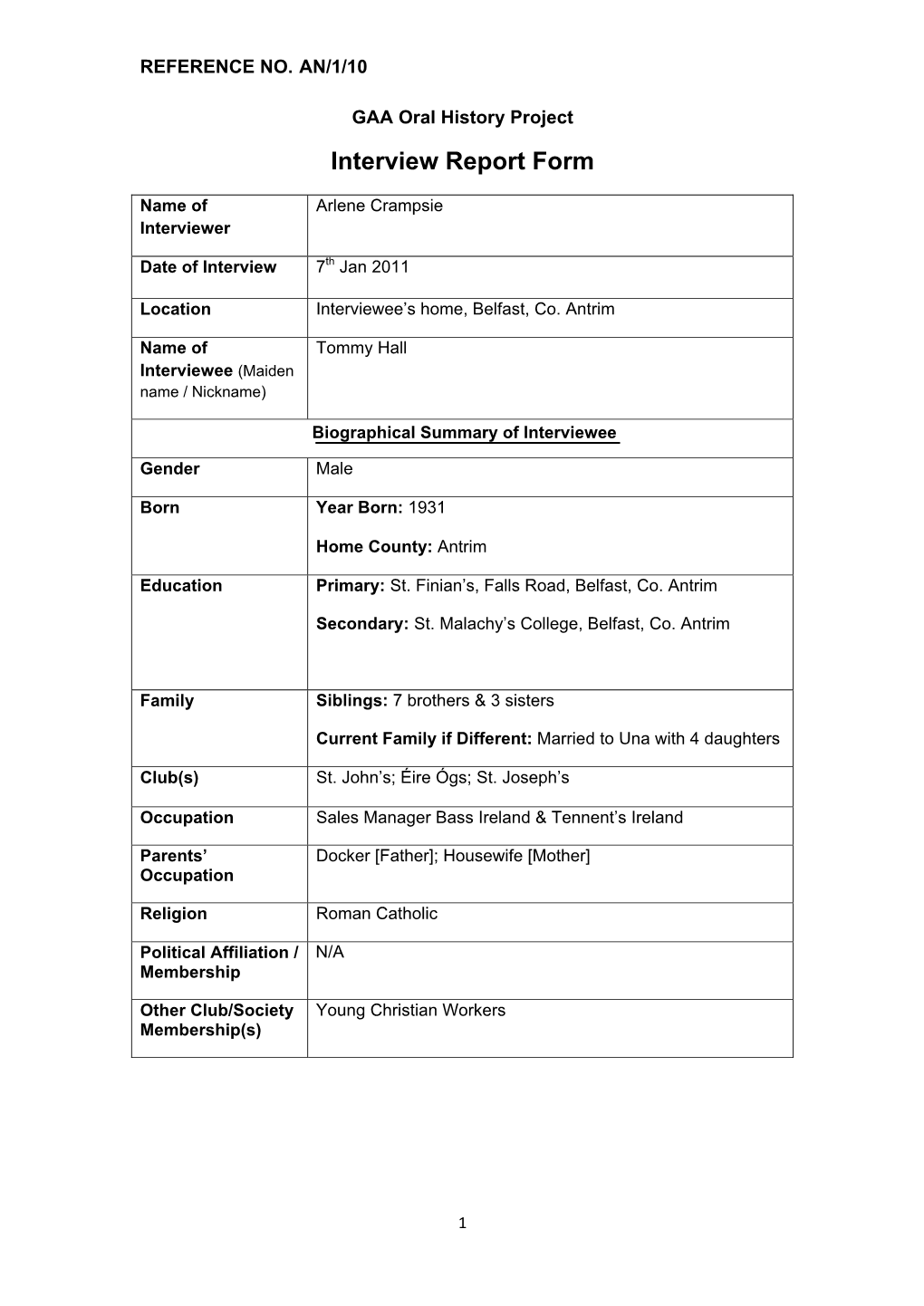 GAA Oral History Project Interview Report Form