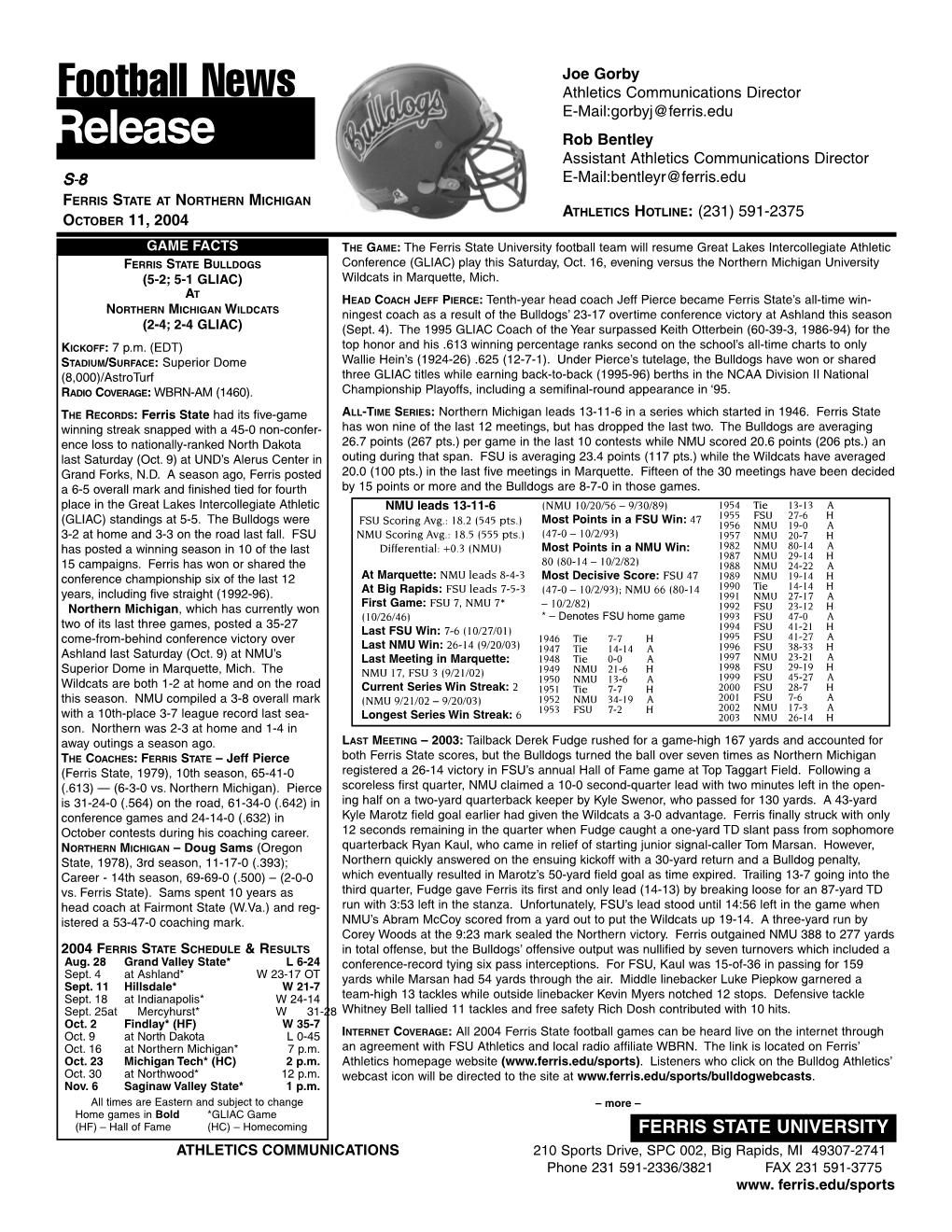 2004 Northern Michigan Football Release.Qxd