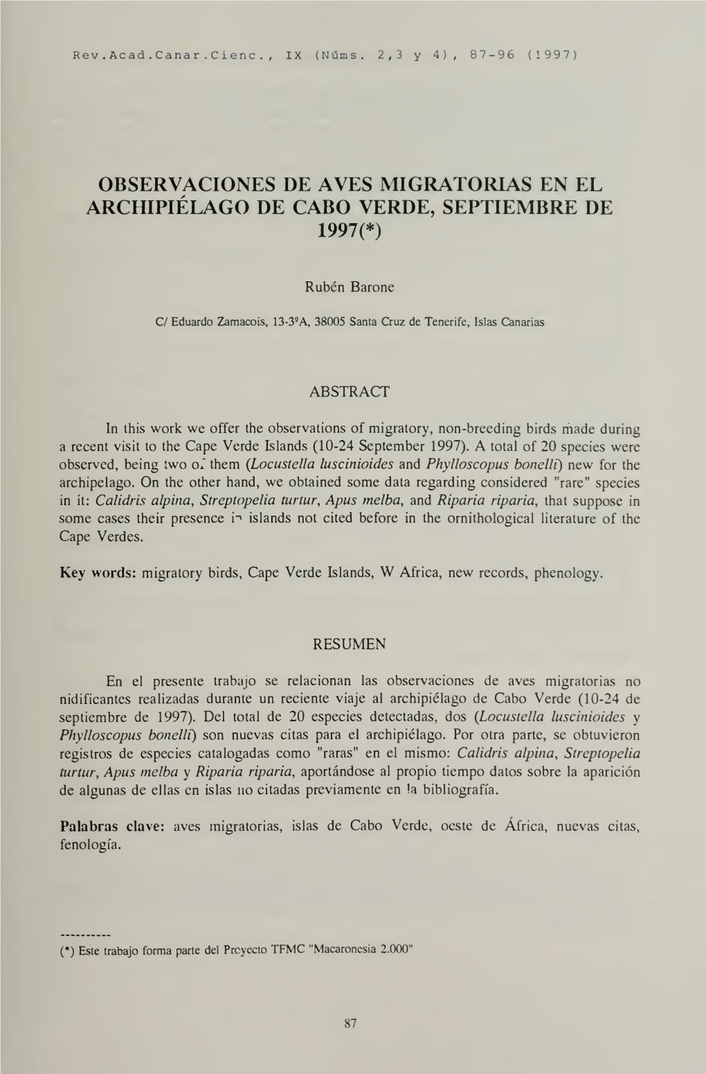 Observaciones De Aves Migratorias En El Archipiélago De Cabo Verde