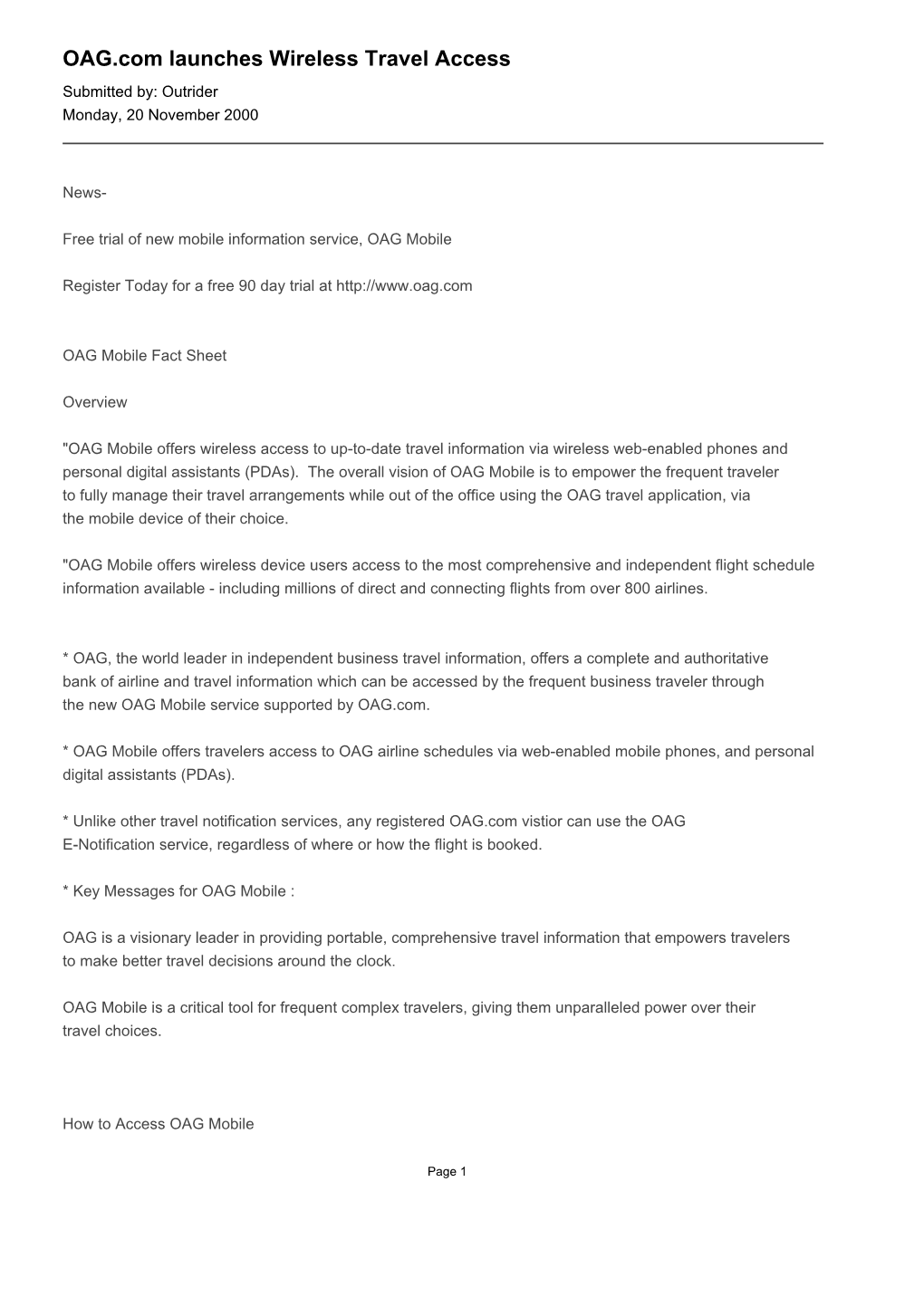 OAG.Com Launches Wireless Travel Access Submitted By: Outrider Monday, 20 November 2000