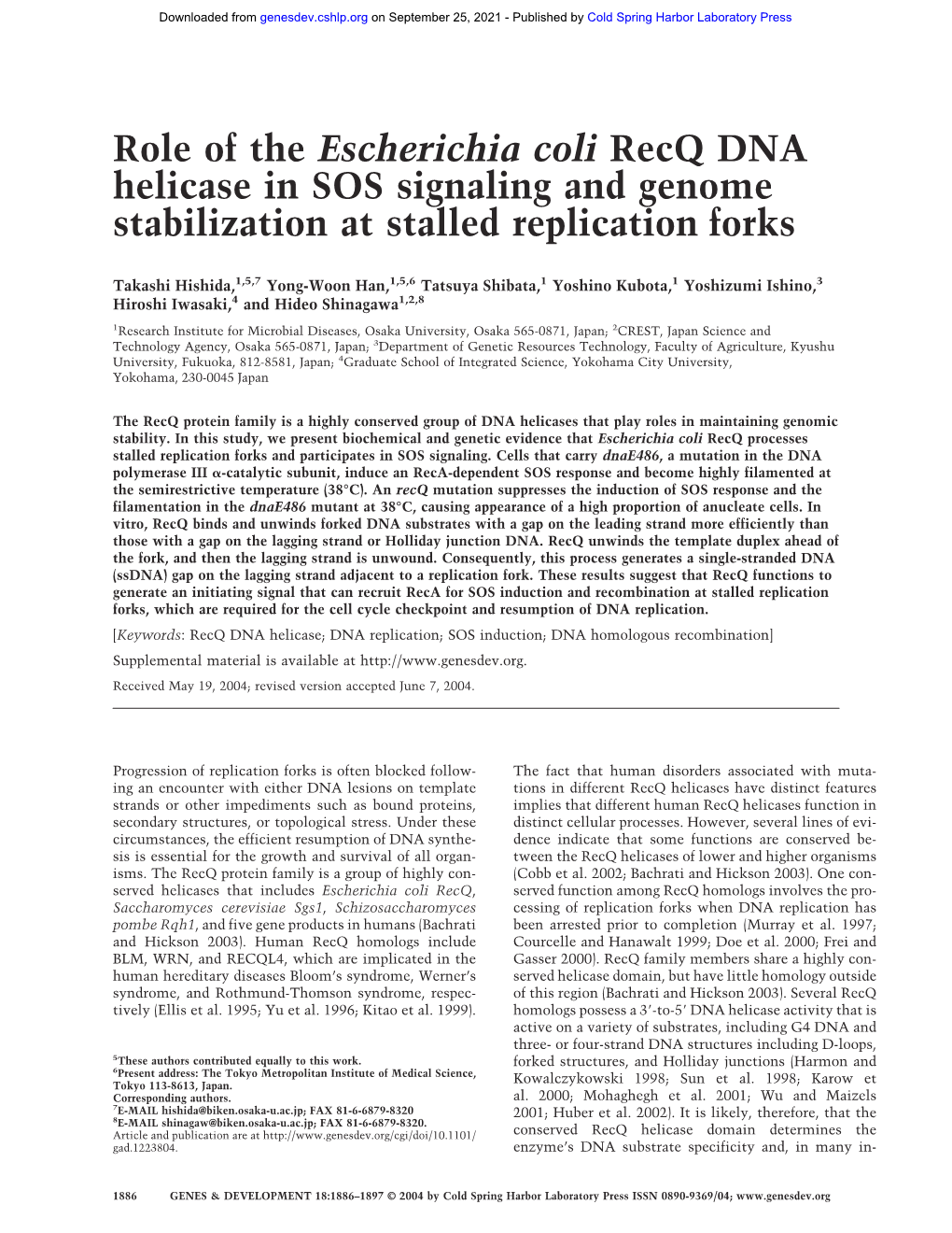 Role of the Escherichia Coli Recq DNA Helicase in SOS Signaling and Genome Stabilization at Stalled Replication Forks