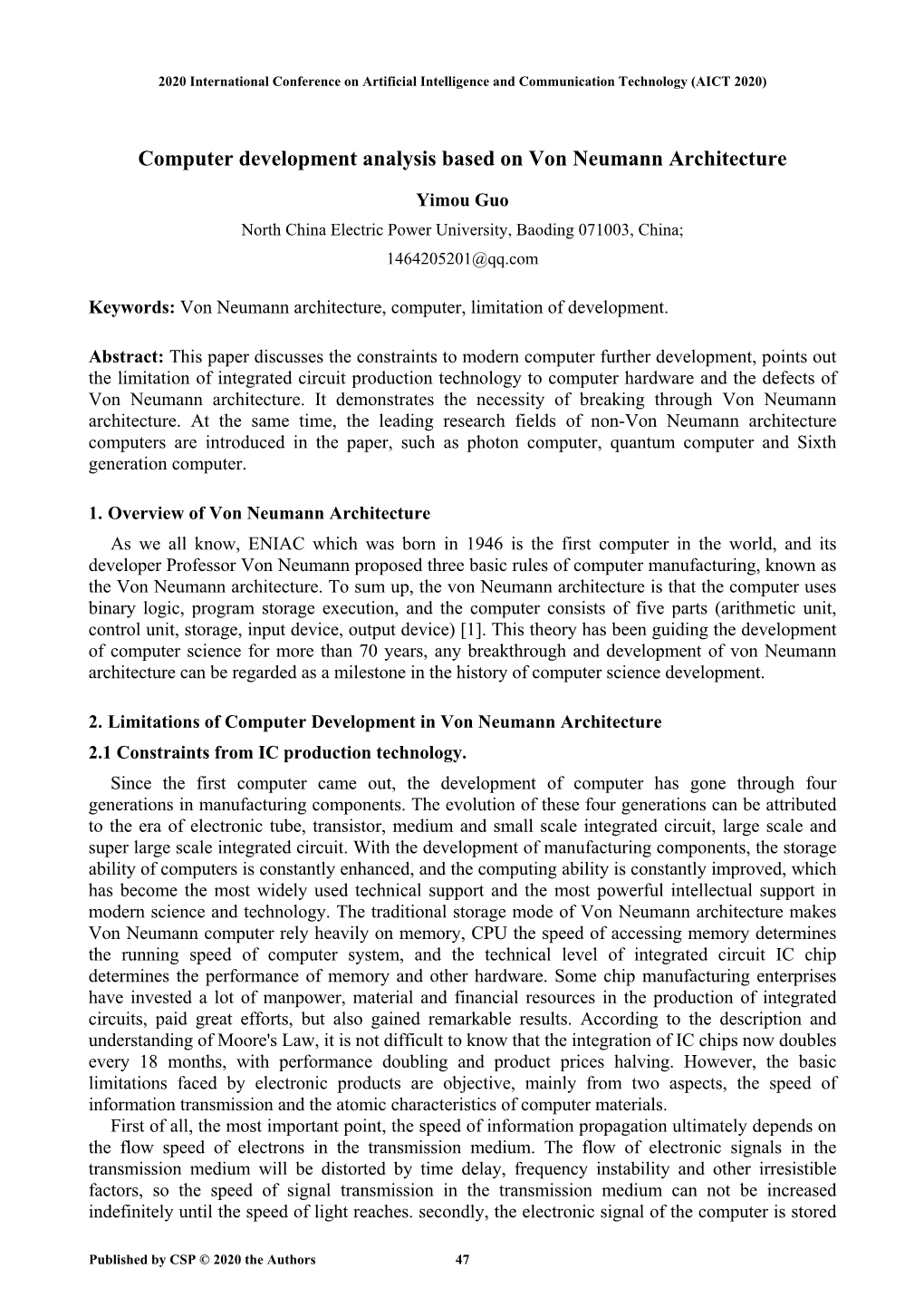 Computer Development Analysis Based on Von Neumann Architecture