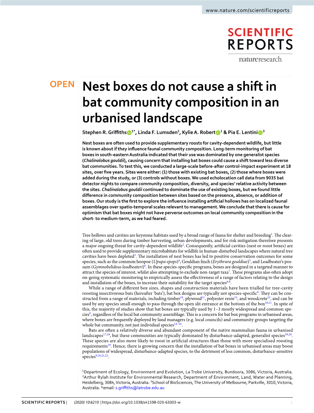Nest Boxes Do Not Cause a Shift in Bat Community Composition in an Urbanised Landscape Stephen R